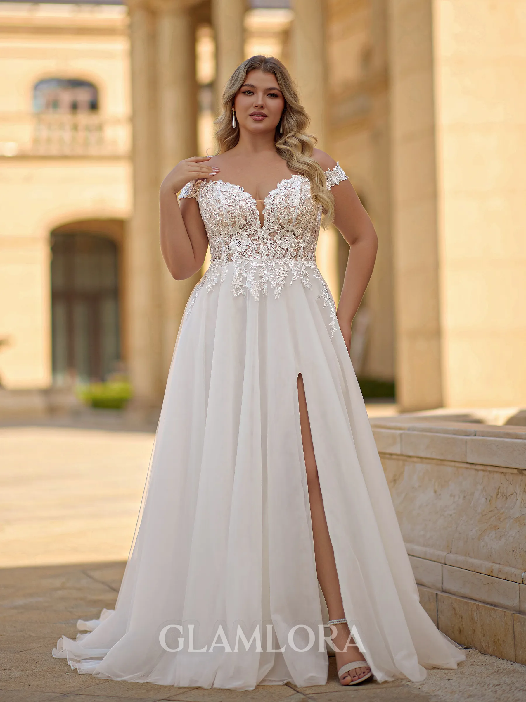 Graceful A-line Off-the-Shoulder Appliques Lace Court Train Tulle Corset Plus Size Wedding Dress