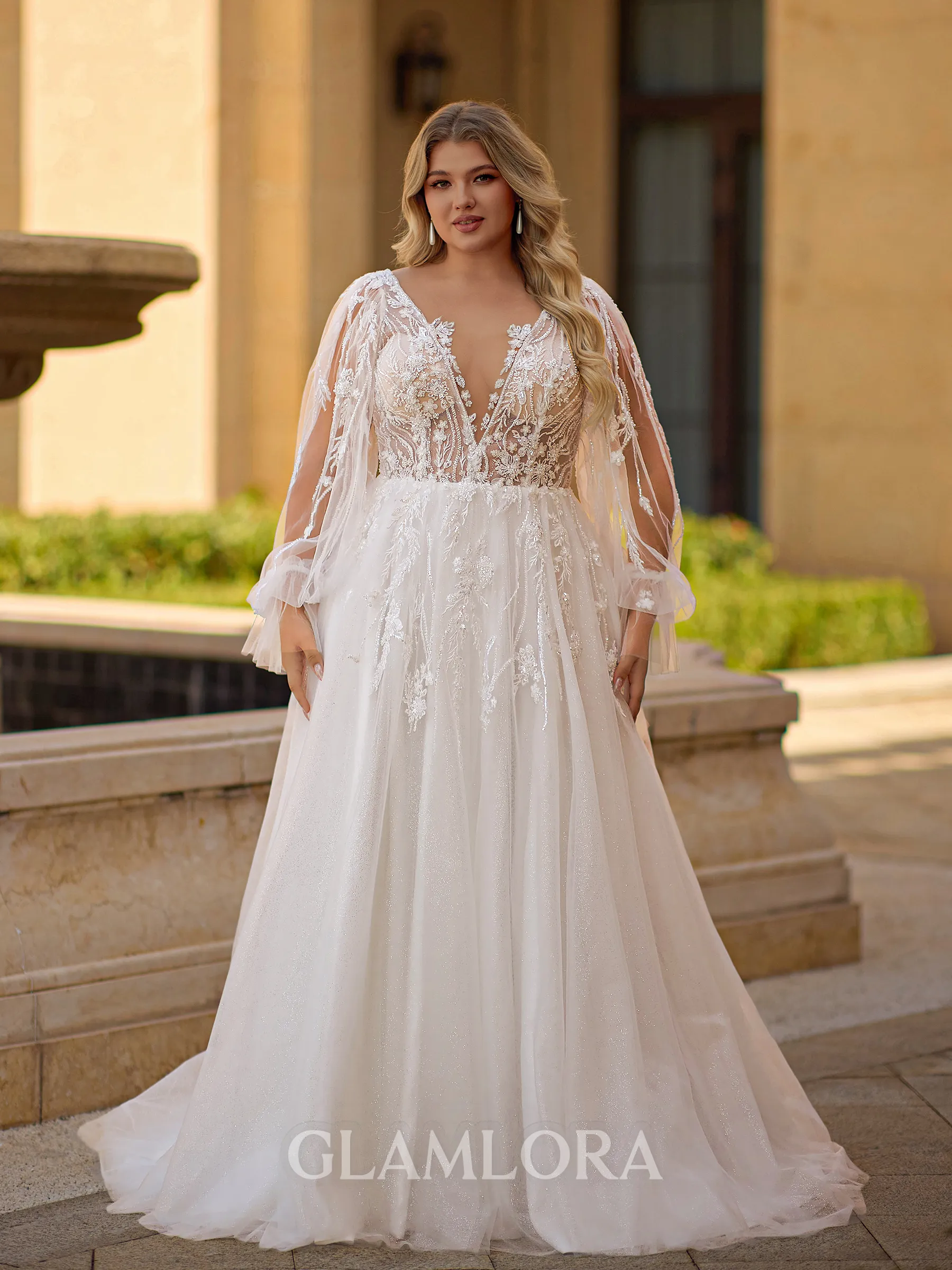 Enchanting A-line V-Neck Long Sleeves Appliques Lace Court Train Tulle Plus Size Wedding Dress