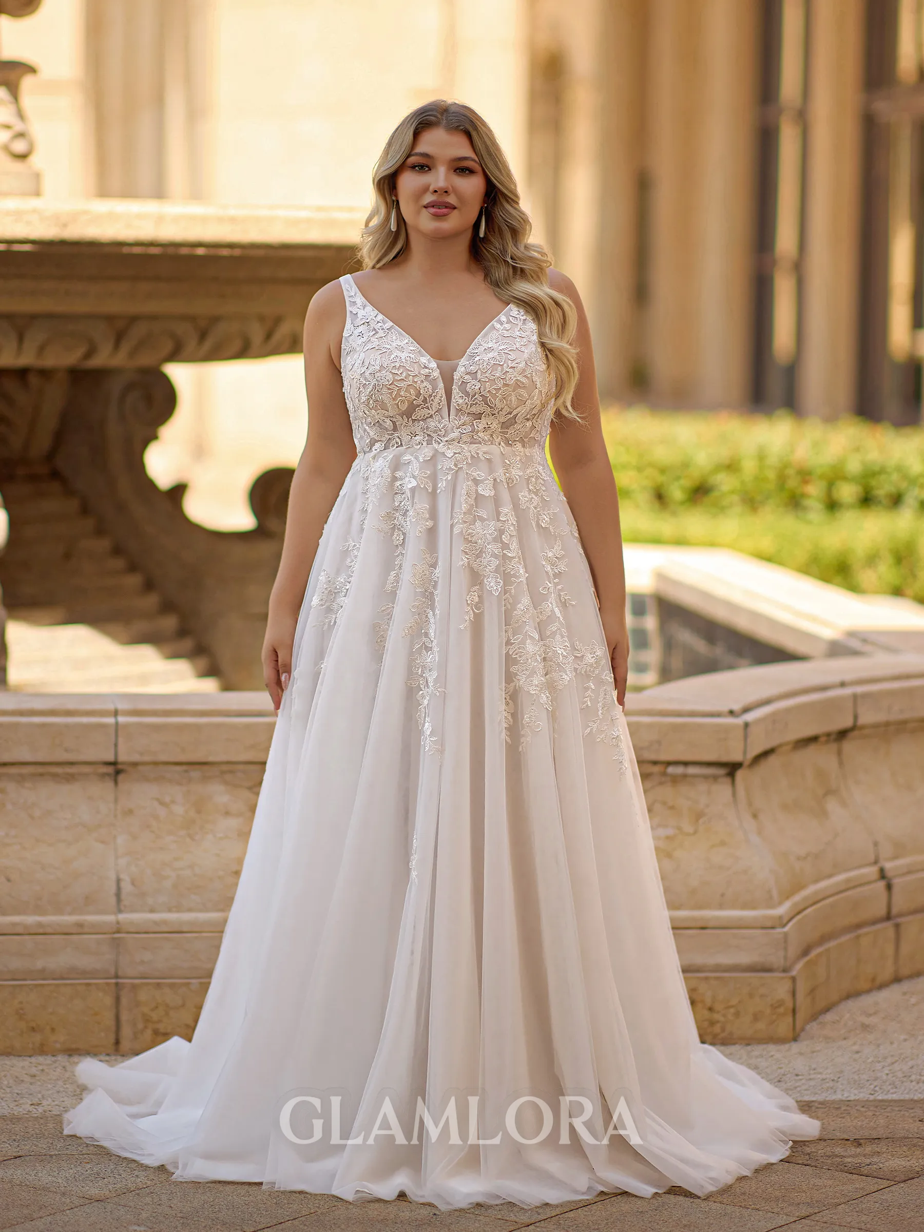 Breathtaking A-line V-Neck Appliques Lace Court Train Tulle Plus Size Wedding Dress