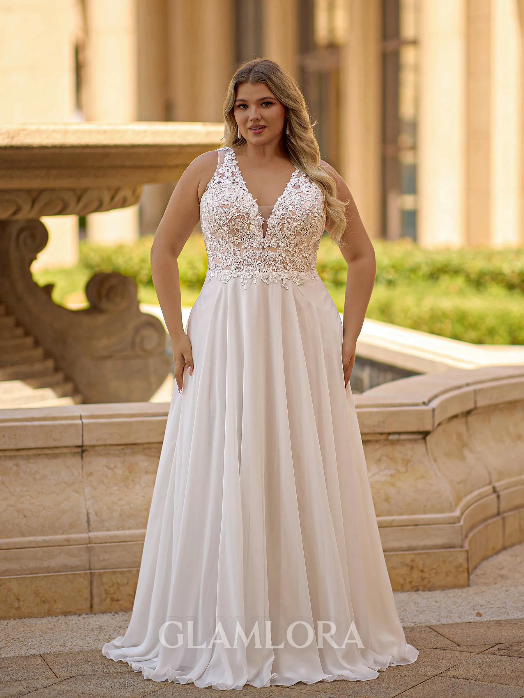 Gorgeous A-line V-Neck Appliques Lace Floor-Length Chiffon Corset Plus Size Wedding Dress