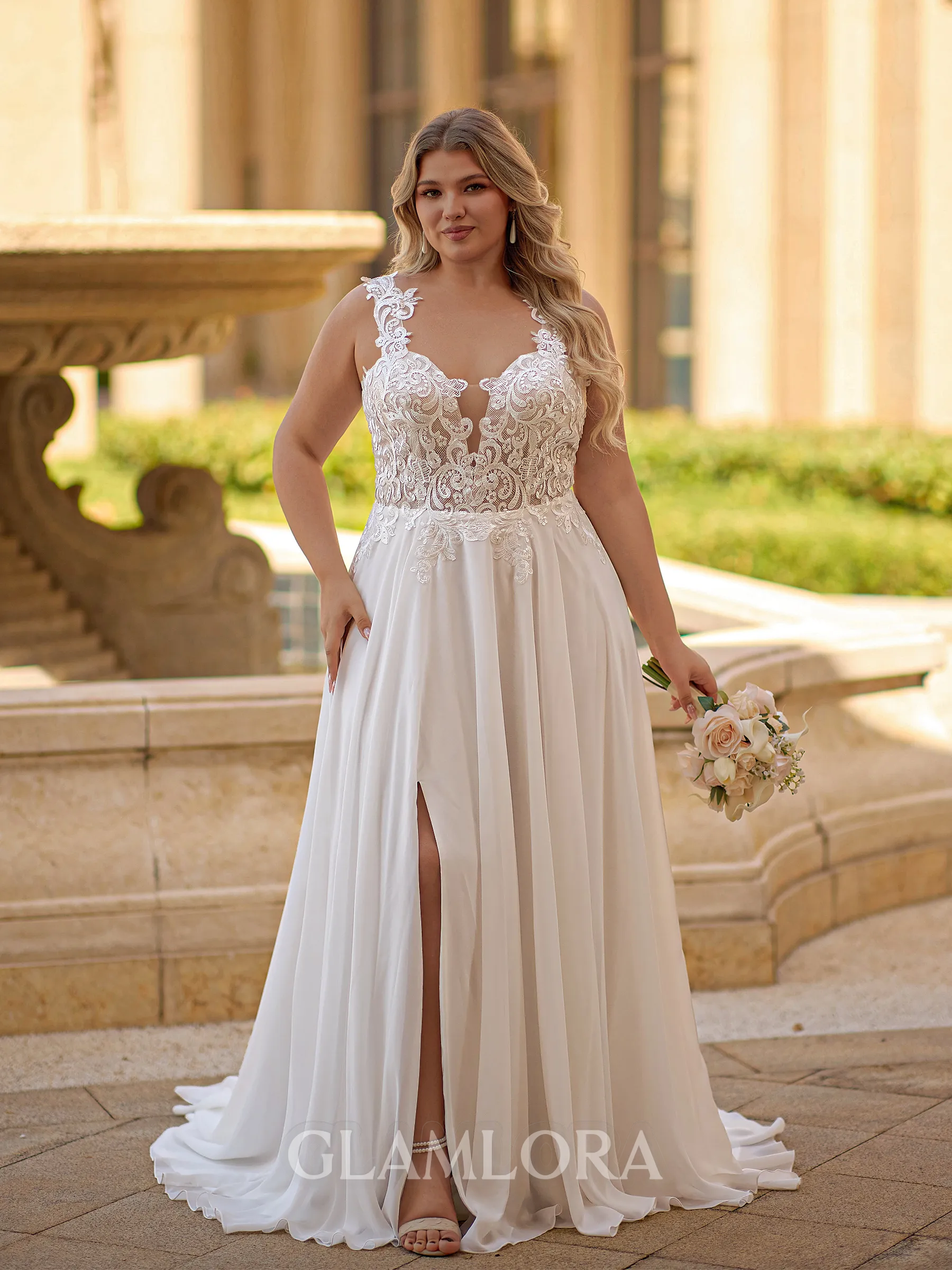 Luxurious A-line Straps Appliques Lace Sweep Train Chiffon Plus Size Wedding Dress