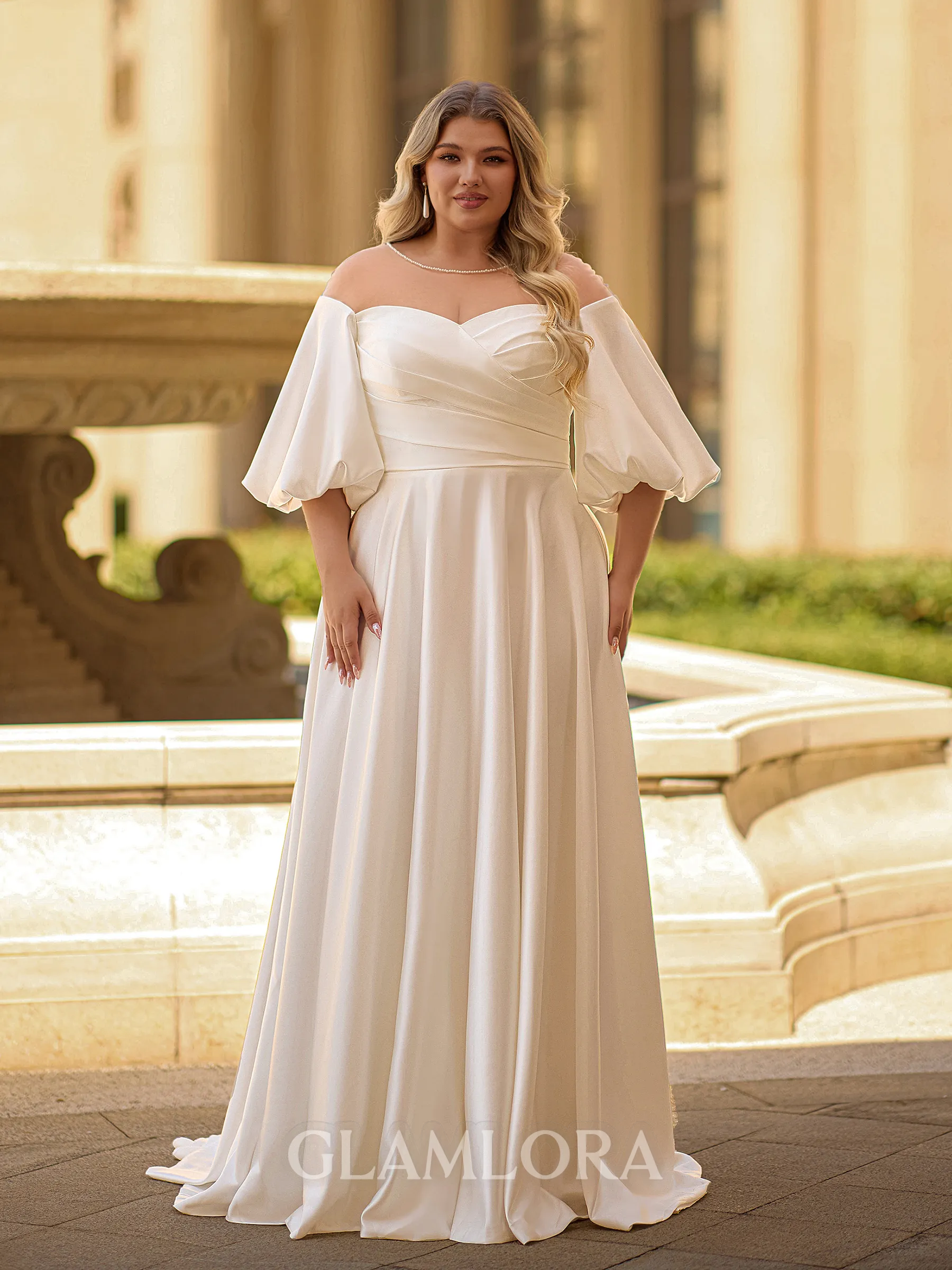 Captivating A-line Scoop 1/2 Sleeves Pleated Sweep Train Satin Corset Plus Size Wedding Dress