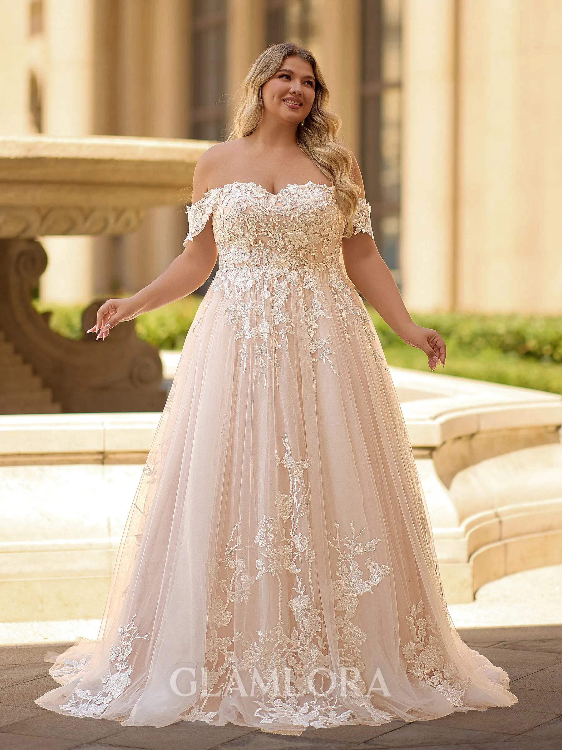 Striking A-line Off-the-Shoulder Appliques Lace Sweep Train Tulle Corset Plus Size Wedding Dress