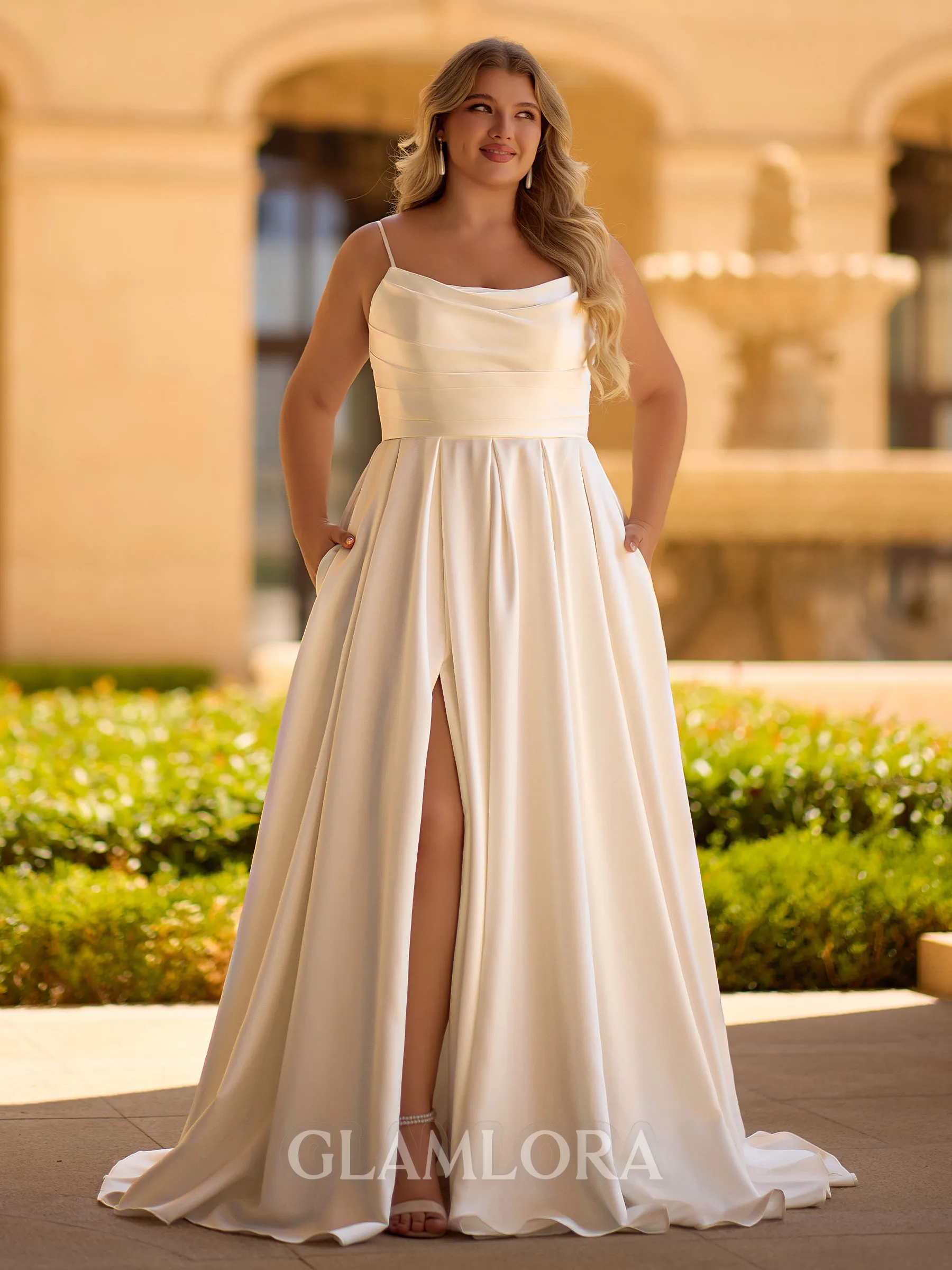 Extravagant A-line Spaghetti Straps Pleated Sweep Train Charmeuse Corset Plus Size Wedding Dress