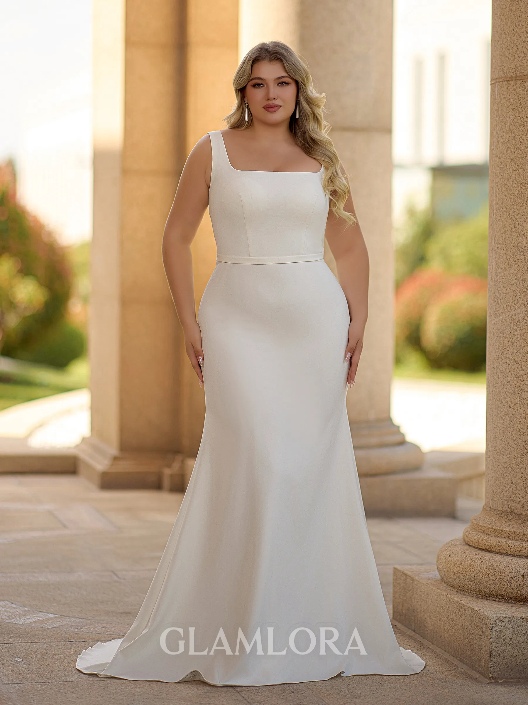 Classy Sheath Square Sweep Train Stretch Crepe Plus Size Wedding Dress