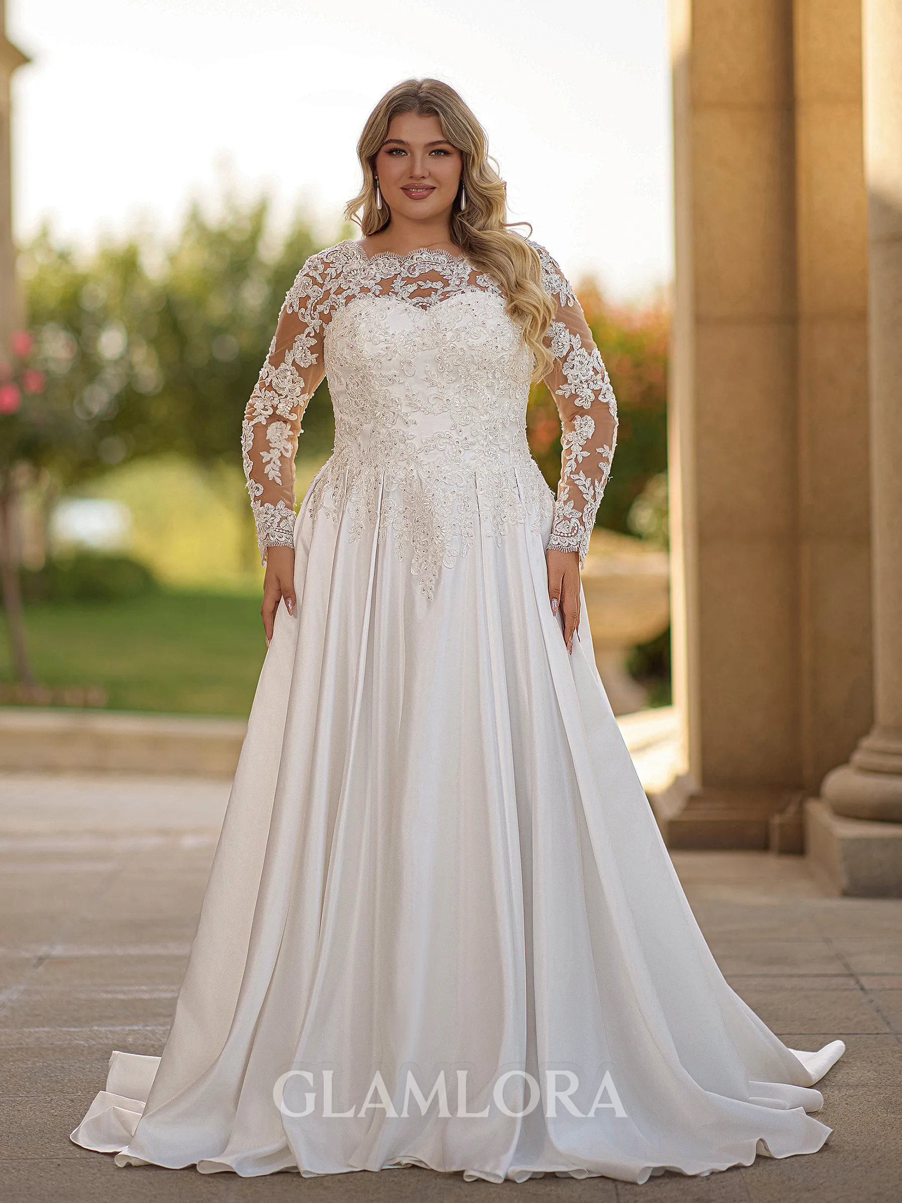 Hermosos A-line Scoop Long Sleeves Appliques Lace Court Train Satin Plus Size Wedding Dress