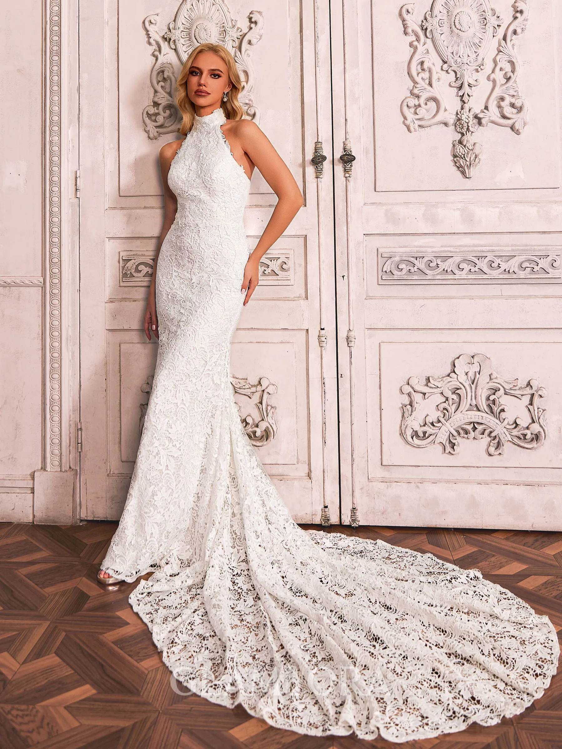 Delicate Sheath Halter Cathedral Train Lace Wedding Dress