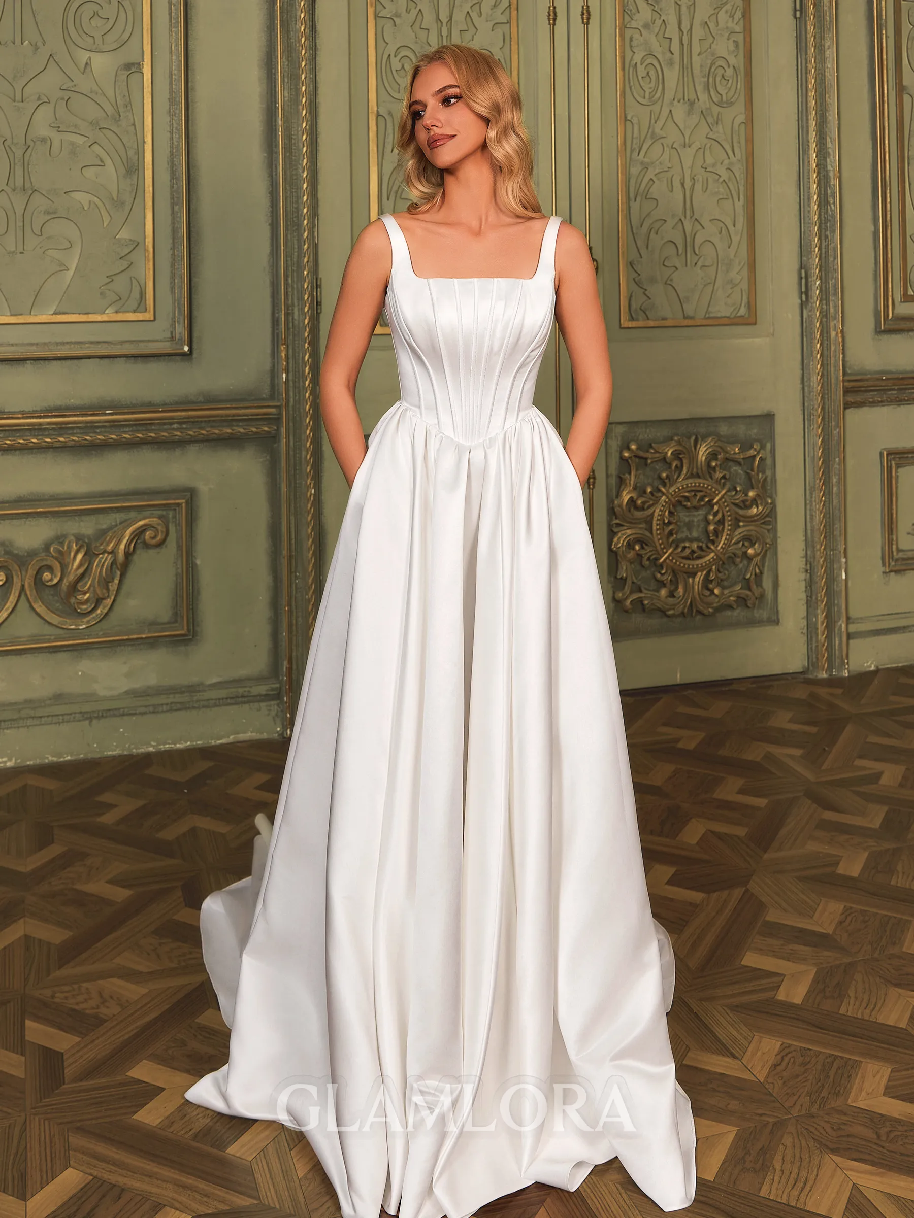 Opulent A-line Square Chapel Train Satin Corset Wedding Dress