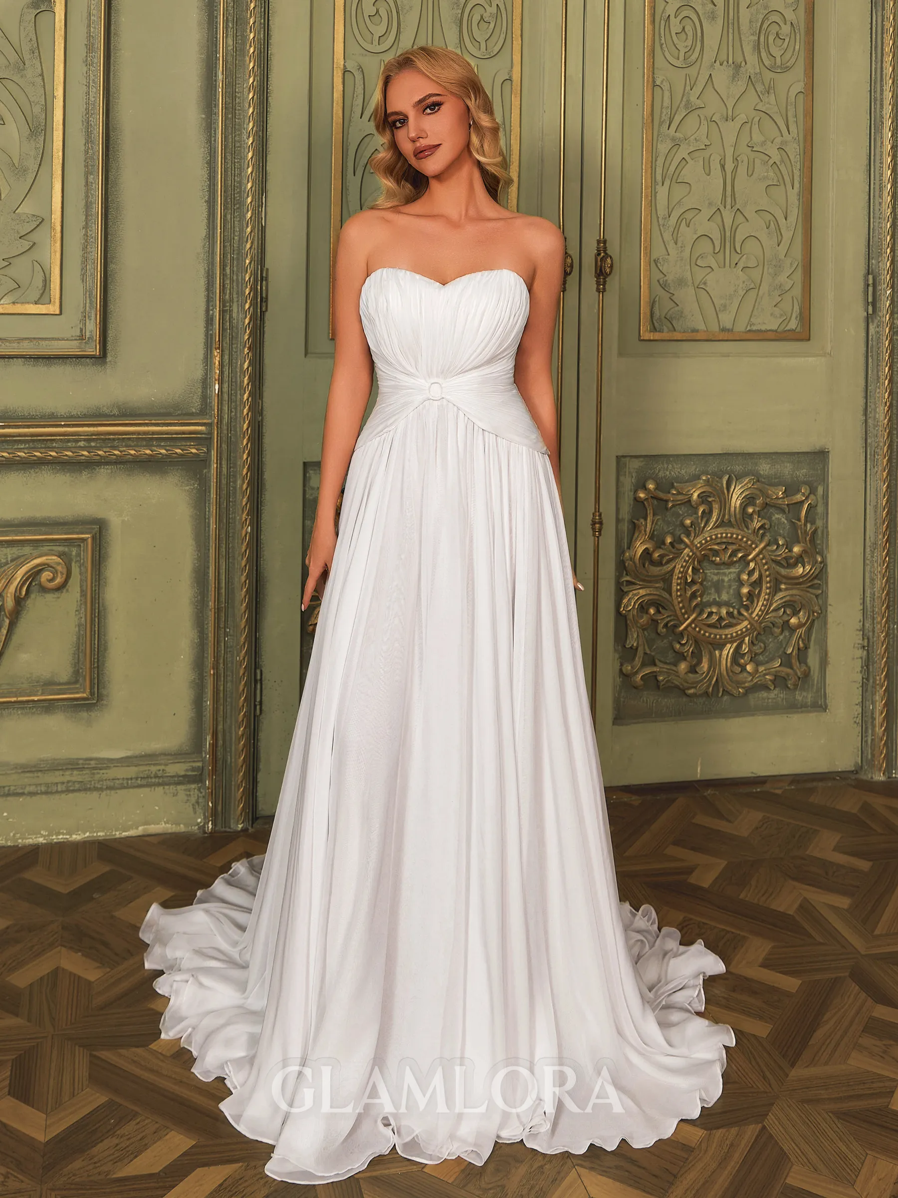 Grand A-line Sweetheart Pleated Sweep Train Chiffon Corset Wedding Dress