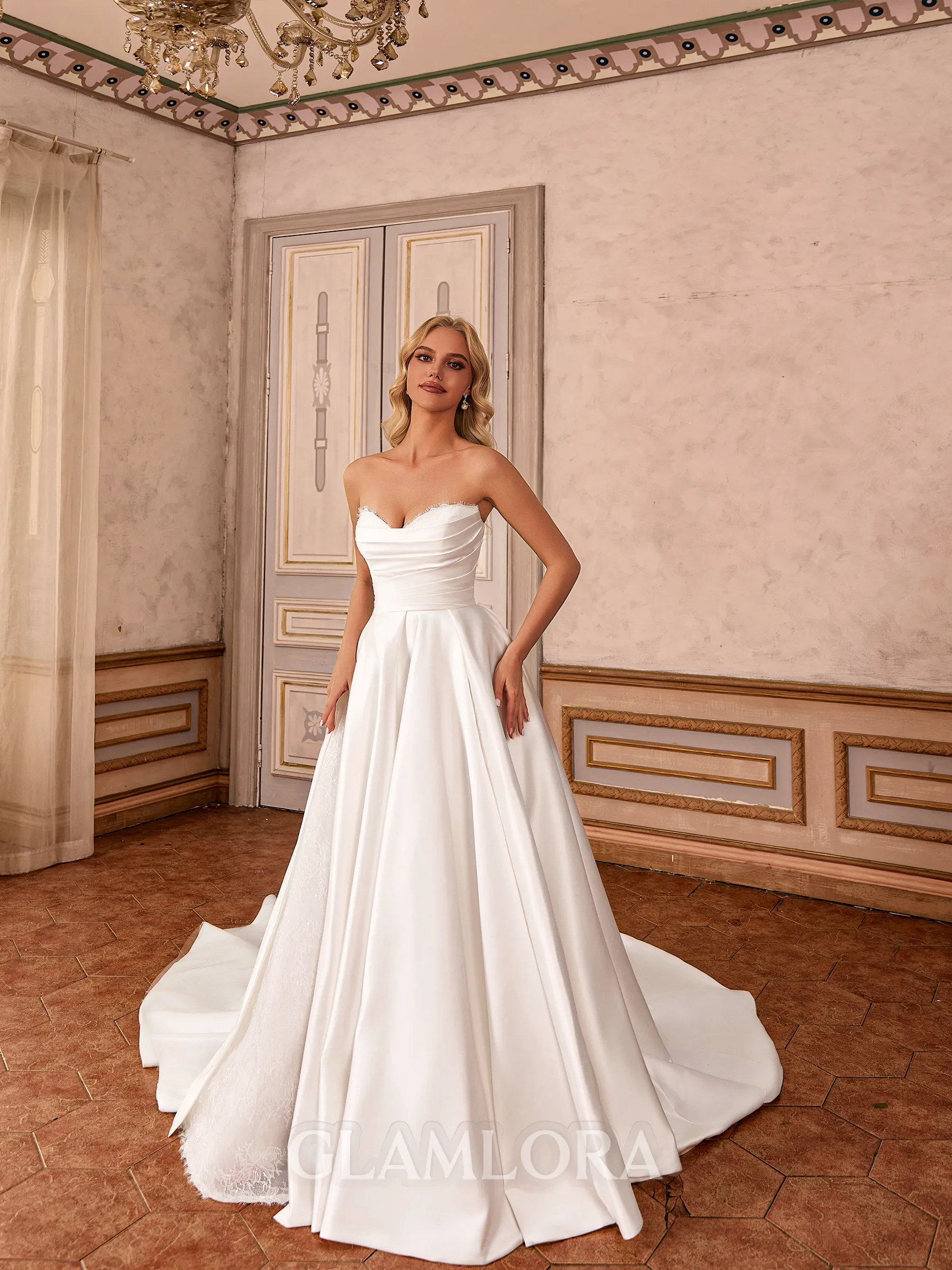 Gorgeous A-line Off-the-Shoulder Long Sleeves Appliques Lace Cathedral Train Satin Corset Wedding Dress