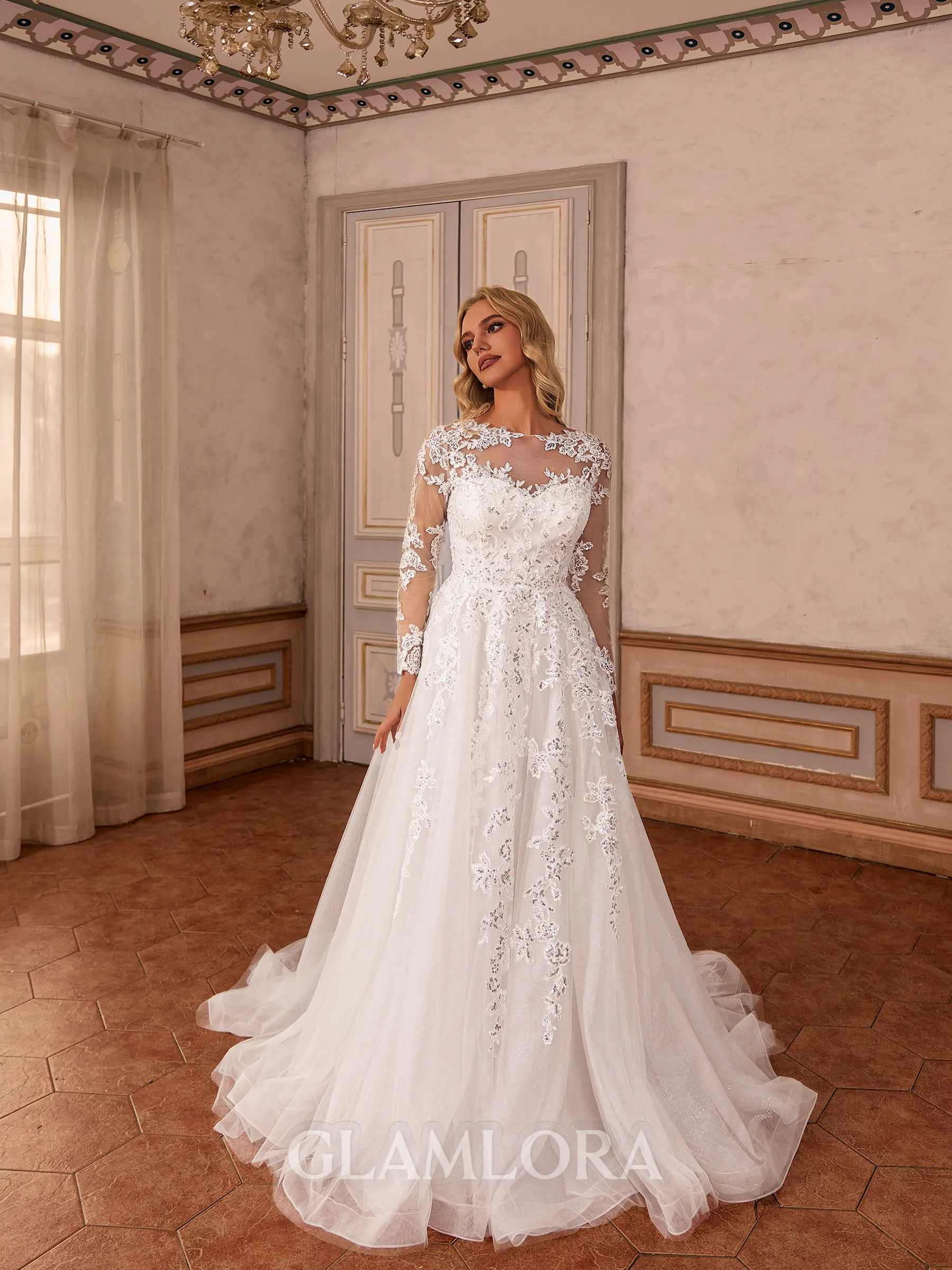 Mesmerizing A-line Scoop Long Sleeves Appliques Lace Chapel Train Tulle Corset Wedding Dress