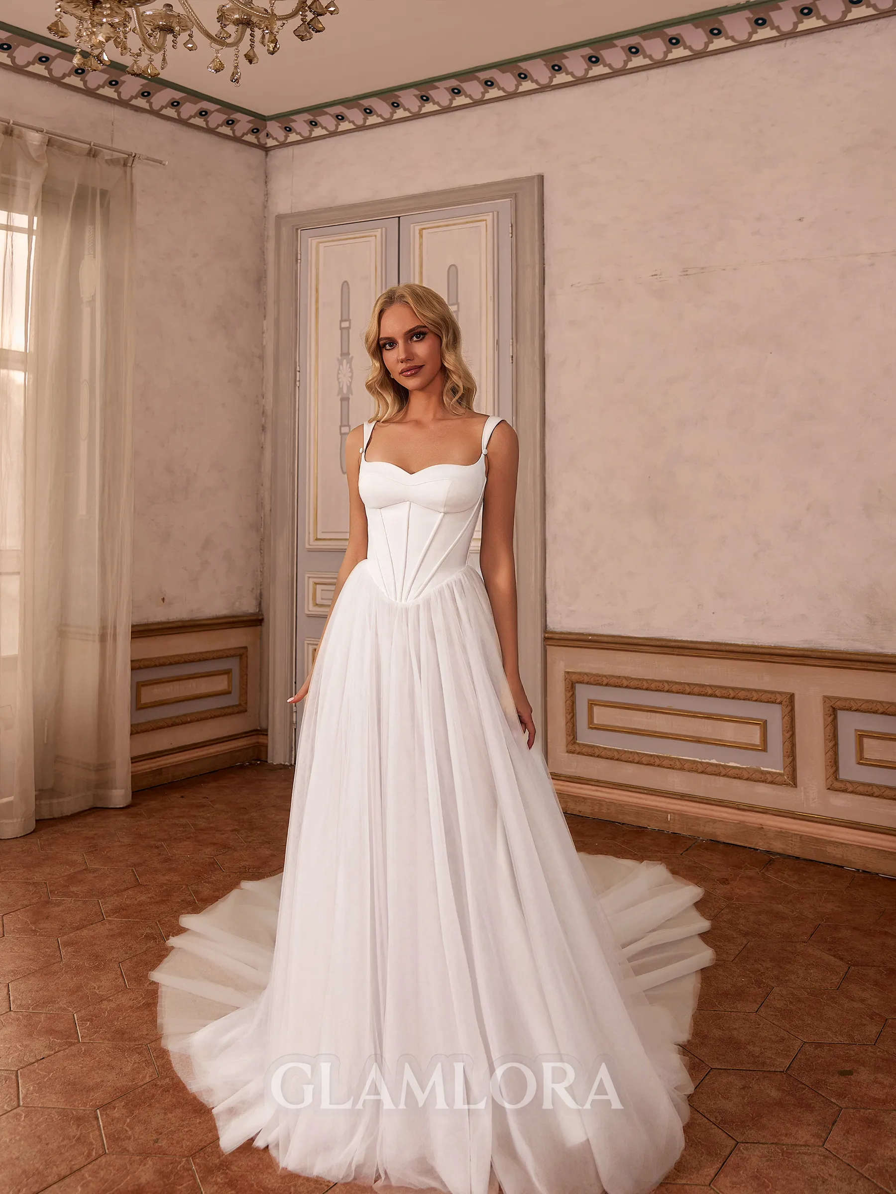 Captivating A-line Straps Cathedral Train Tulle Corset Wedding Dress