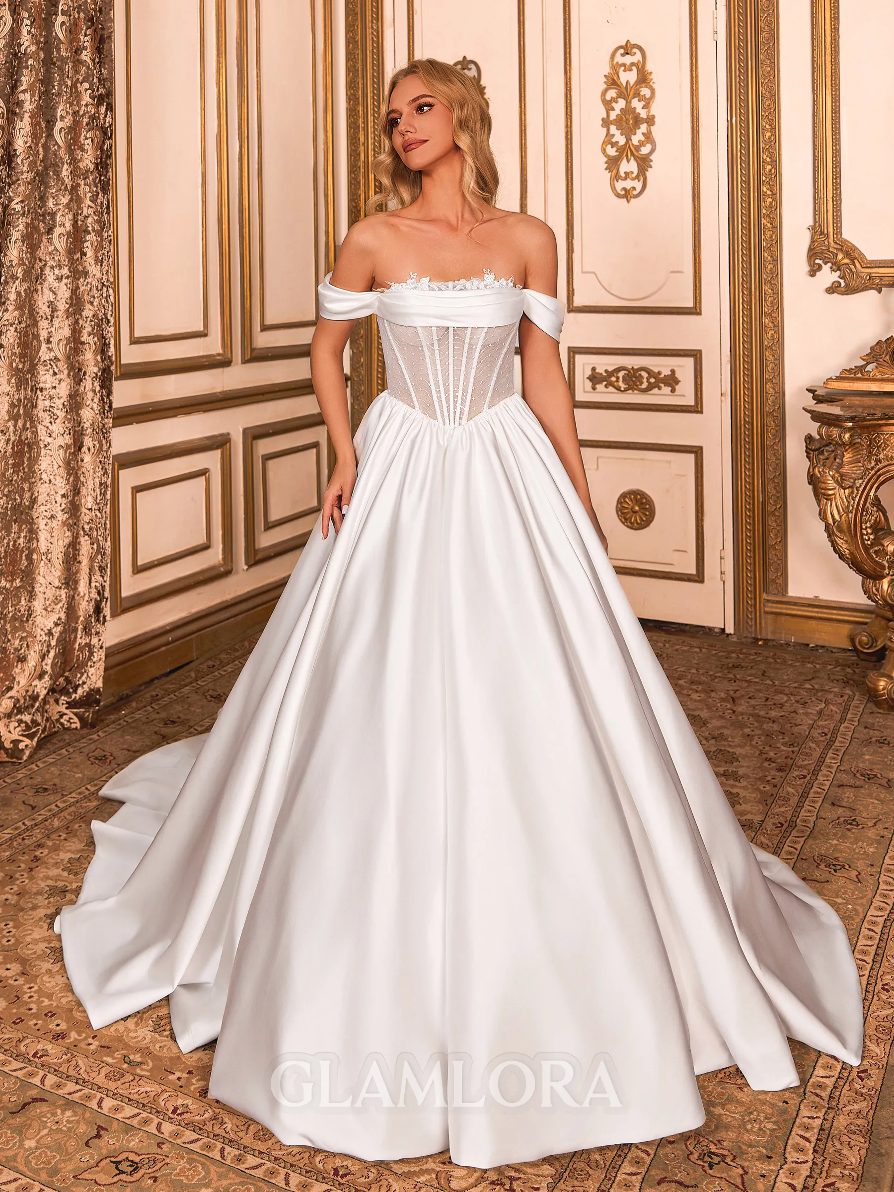 Splendiferous Ball-Gown Off-the-Shoulder Appliques Lace Cathedral Train Satin Corset Wedding Dress