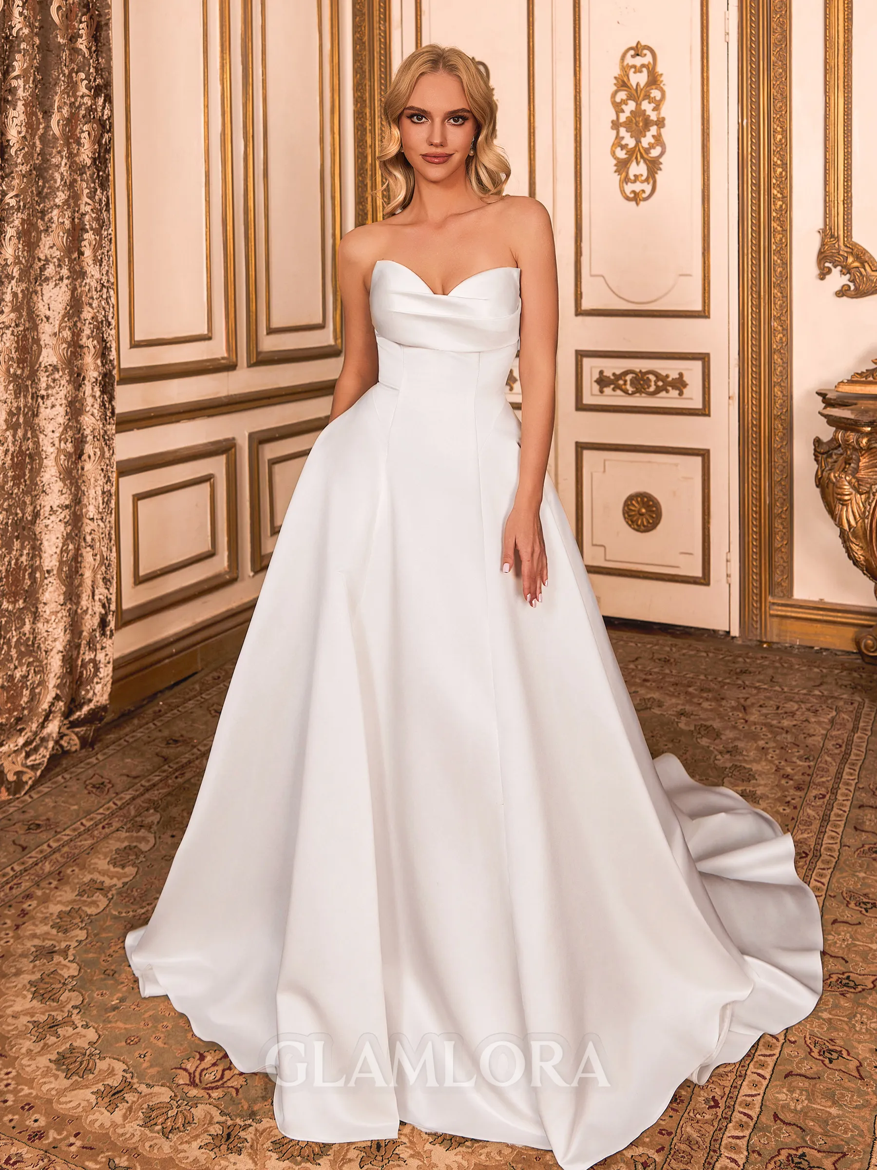 Extravagant A-line Sweetheart Pleated Court Train Satin Corset Wedding Dress