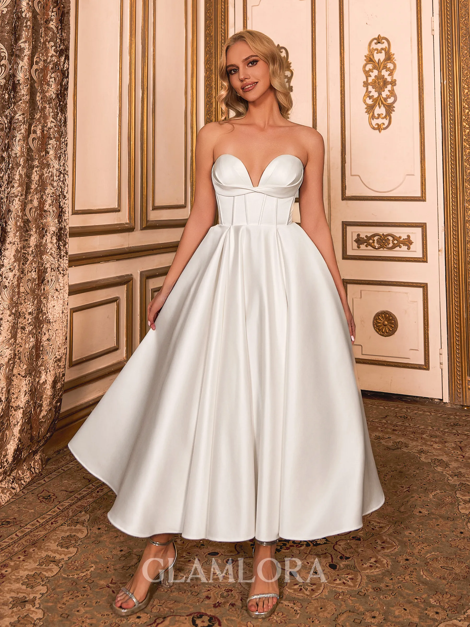 Unique A-line Sweetheart Pleated Tea-Length Satin Corset Wedding Dress