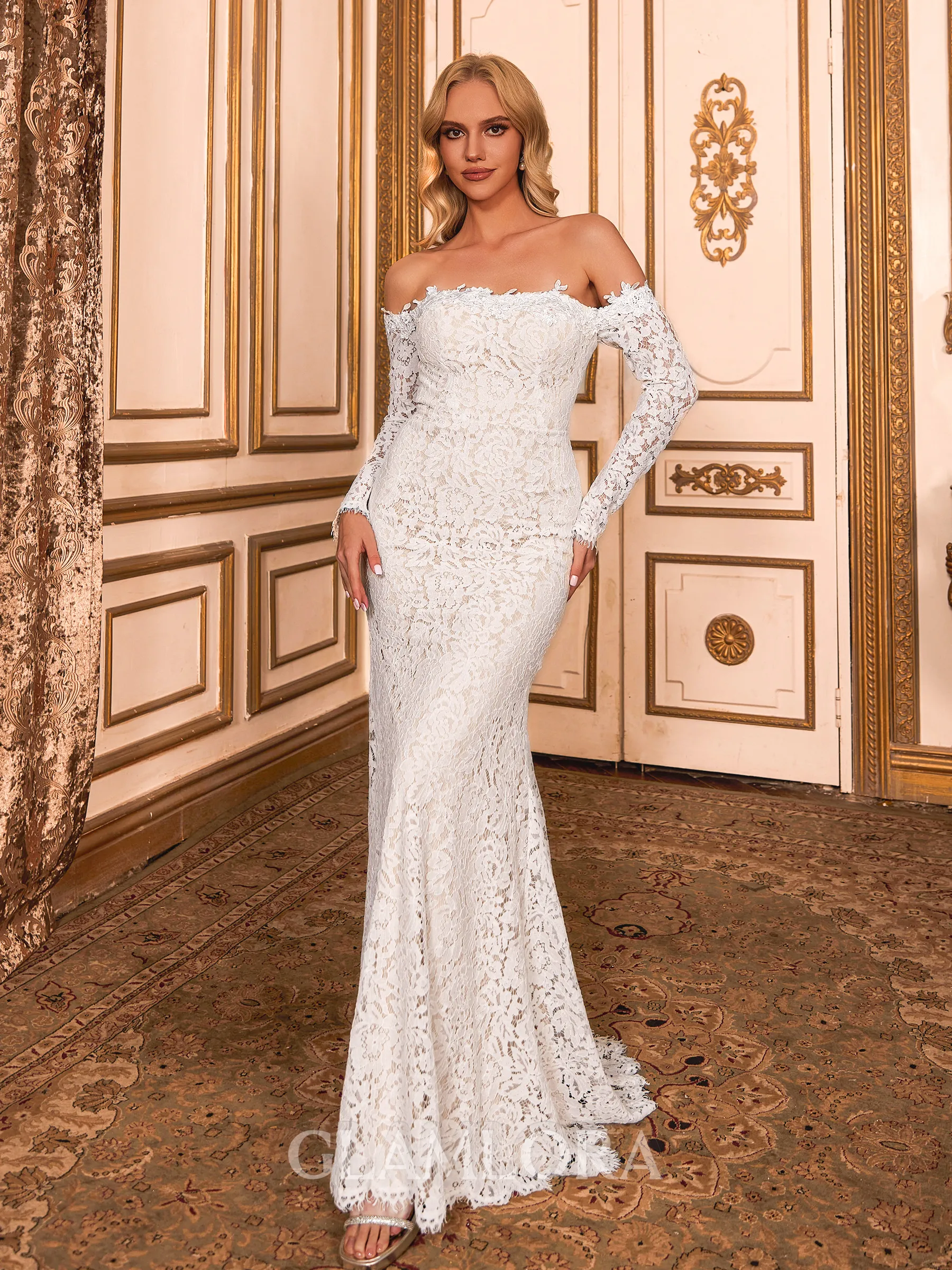 Stunning Sheath Off-the-Shoulder Long Sleeves Floor-Length Lace Corset Wedding Dress
