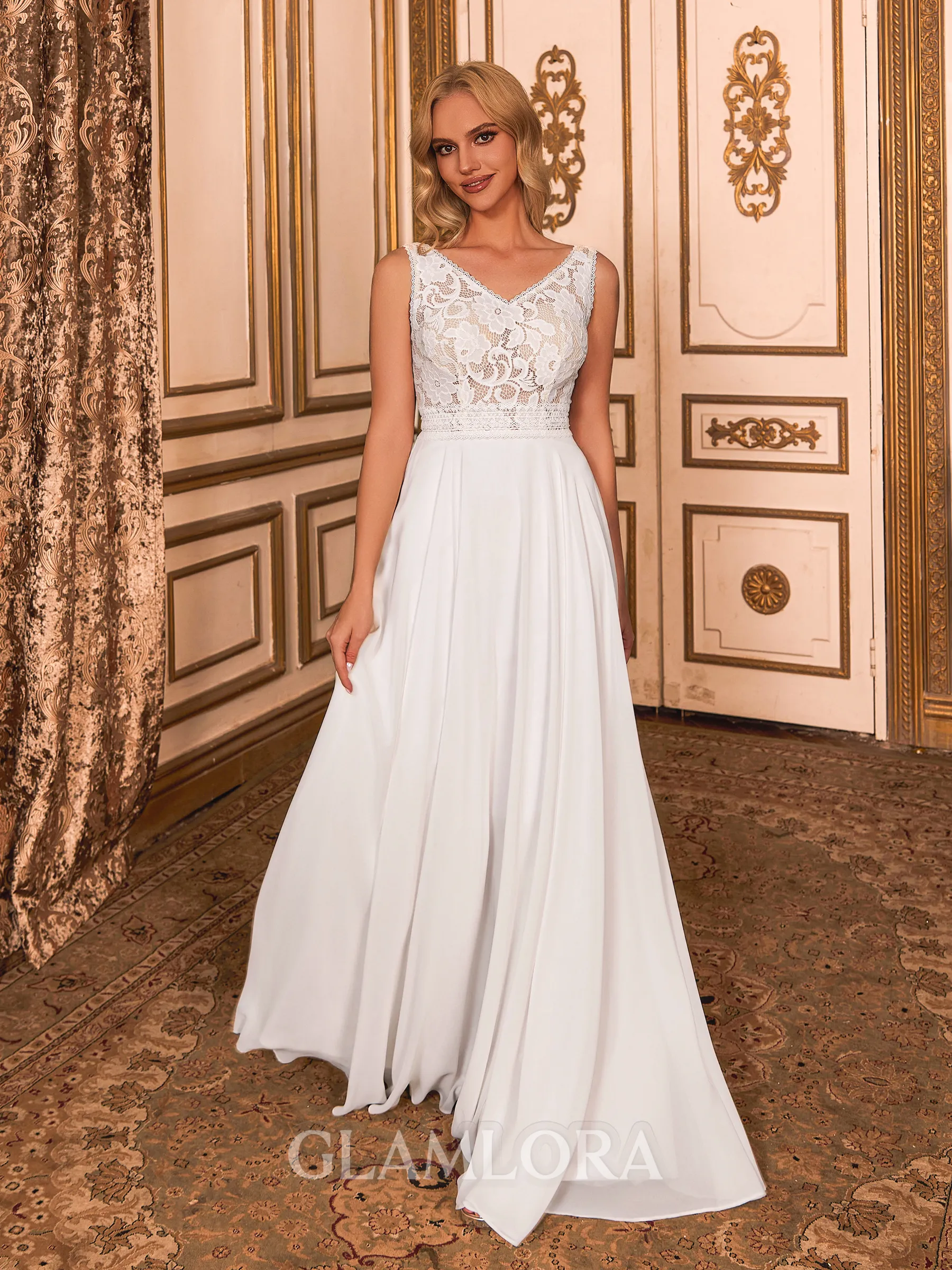 Classy A-line V-Neck Appliques Lace Floor-Length Chiffon Wedding Dress