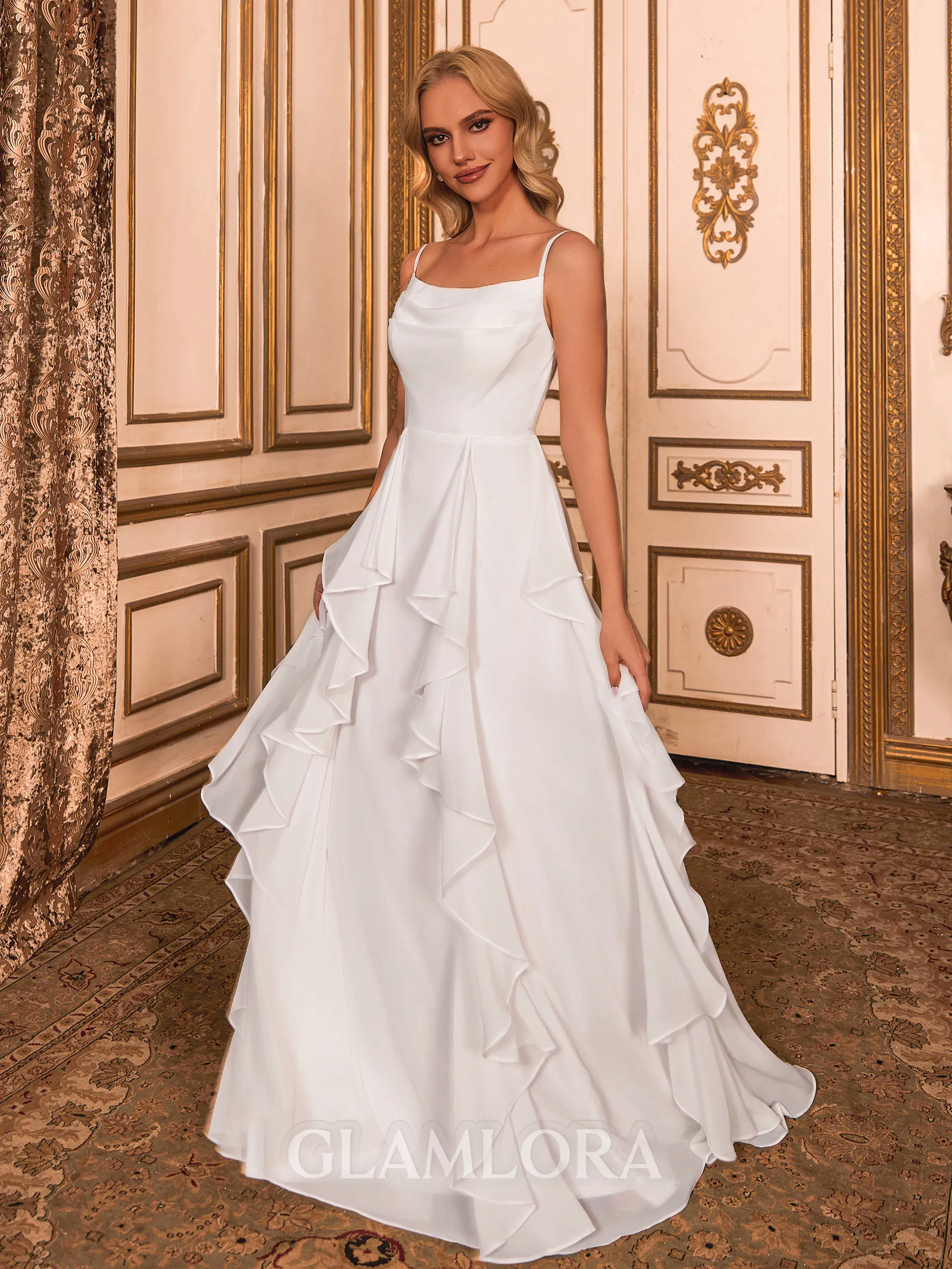 Glamorous A-line Spaghetti Straps Ruffles Sweep Train Chiffon Corset Wedding Dress