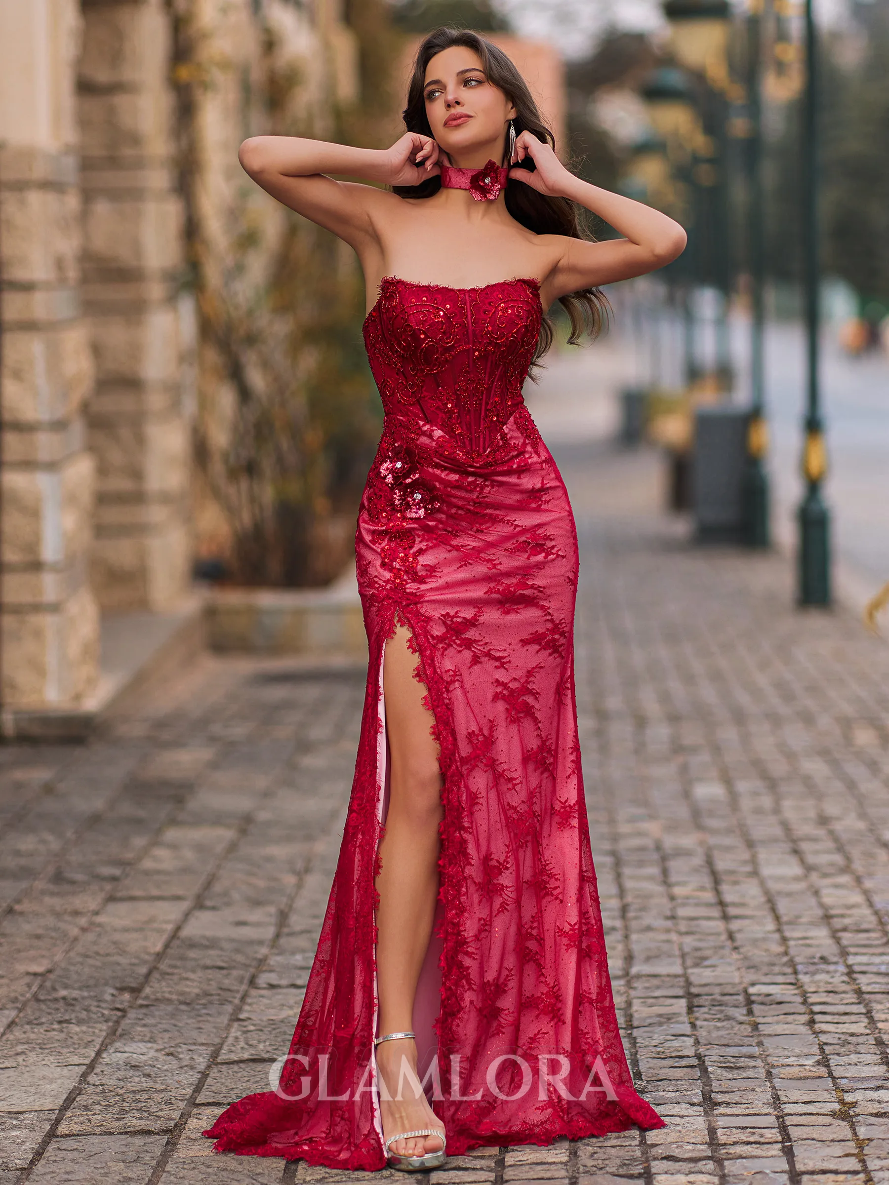 Glam Sheath Straight Flower Sweep Train Lace Corset Prom Dress