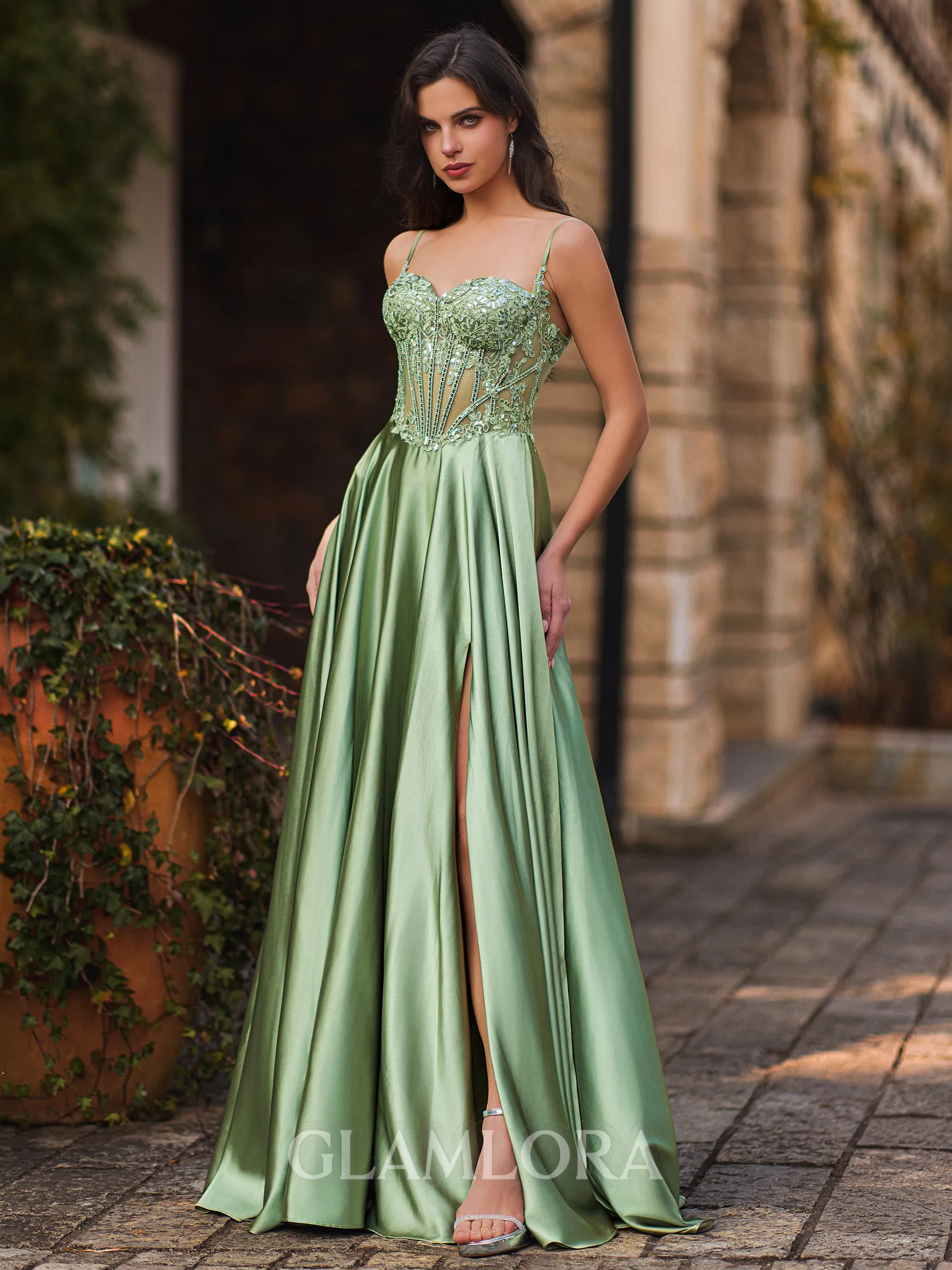 Pretty A-Line Spaghetti Straps Appliques Lace Sweep Train Silk Like Satin Corset Prom Dress