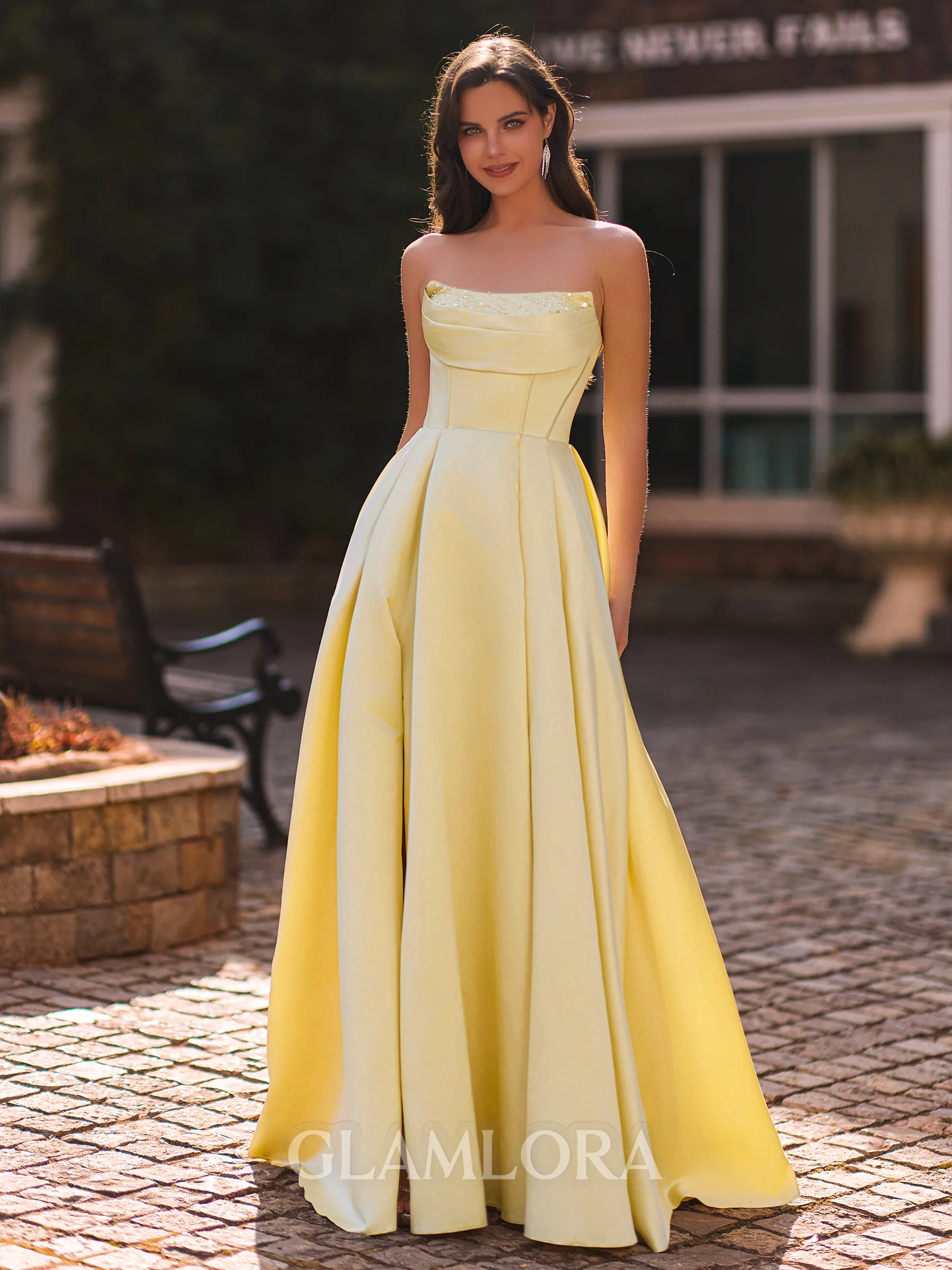 Splendid A-Line Straight Pleated Floor-Length Satin Corset Prom Dress