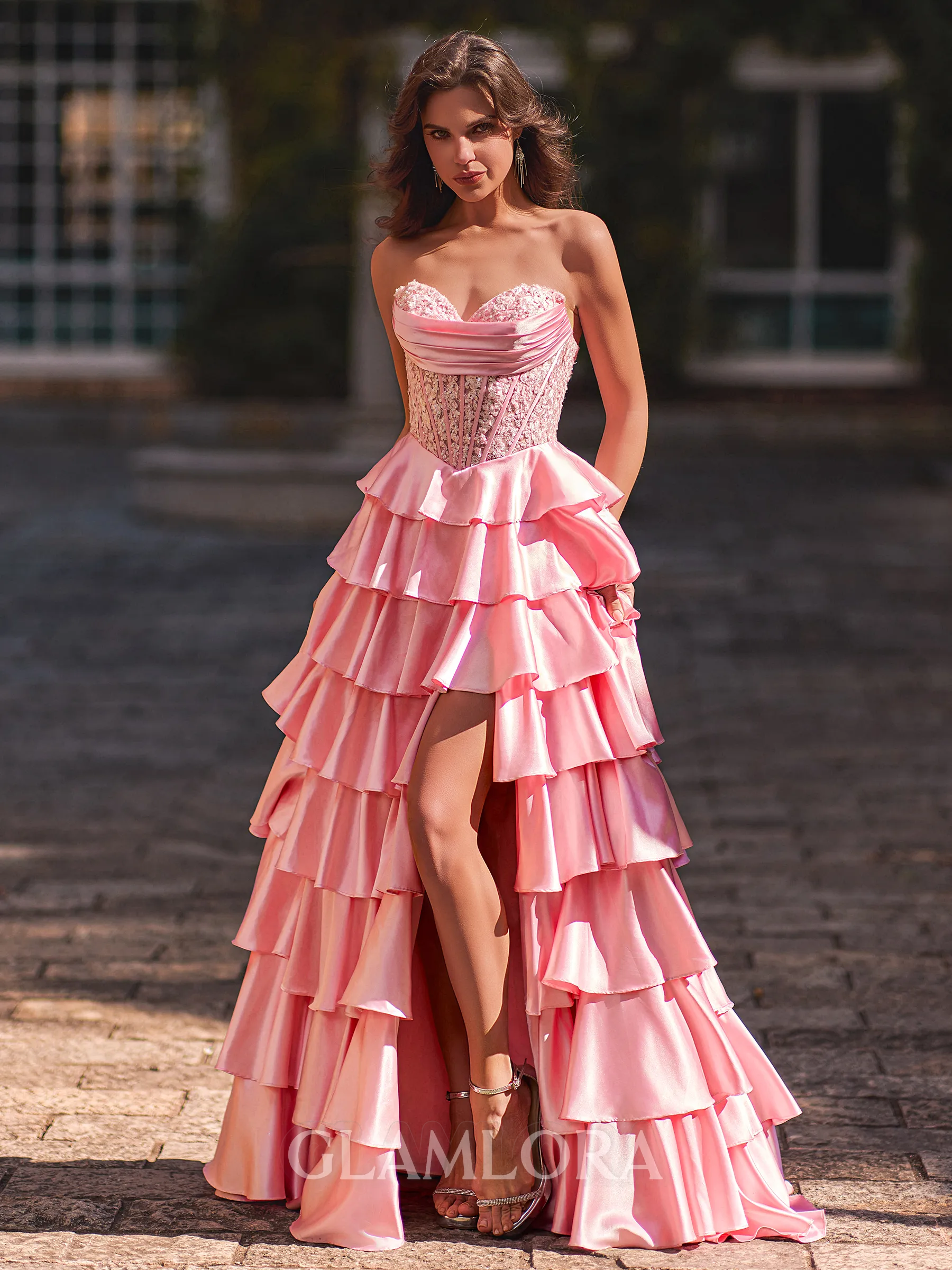 Luxurious A-Line Sweetheart Appliques Lace Sweep Train Silk Like Satin Corset Prom Dress