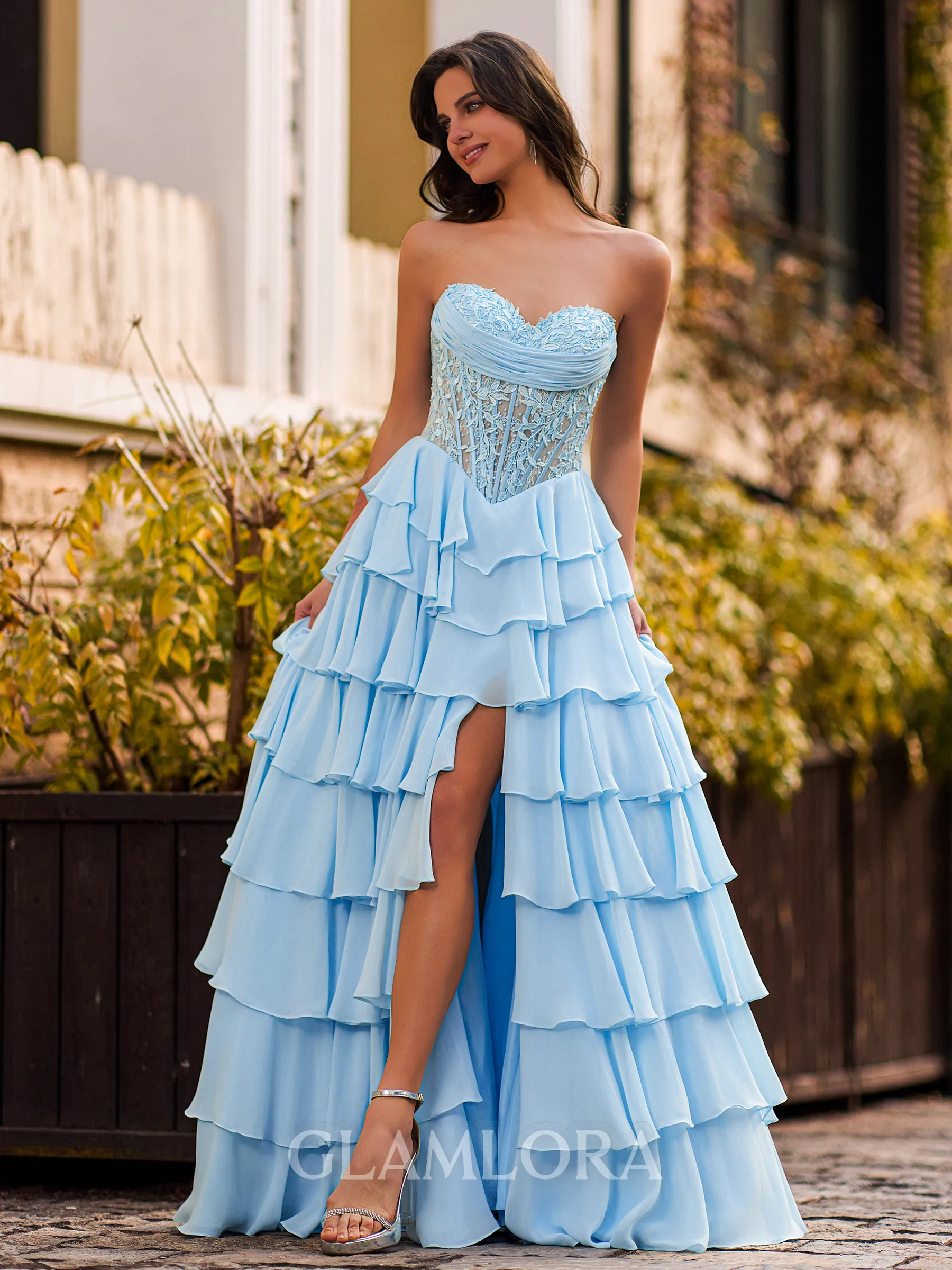 Extravagant A-Line Sweetheart Cascading Ruffles Floor-Length Chiffon Corset Prom Dress