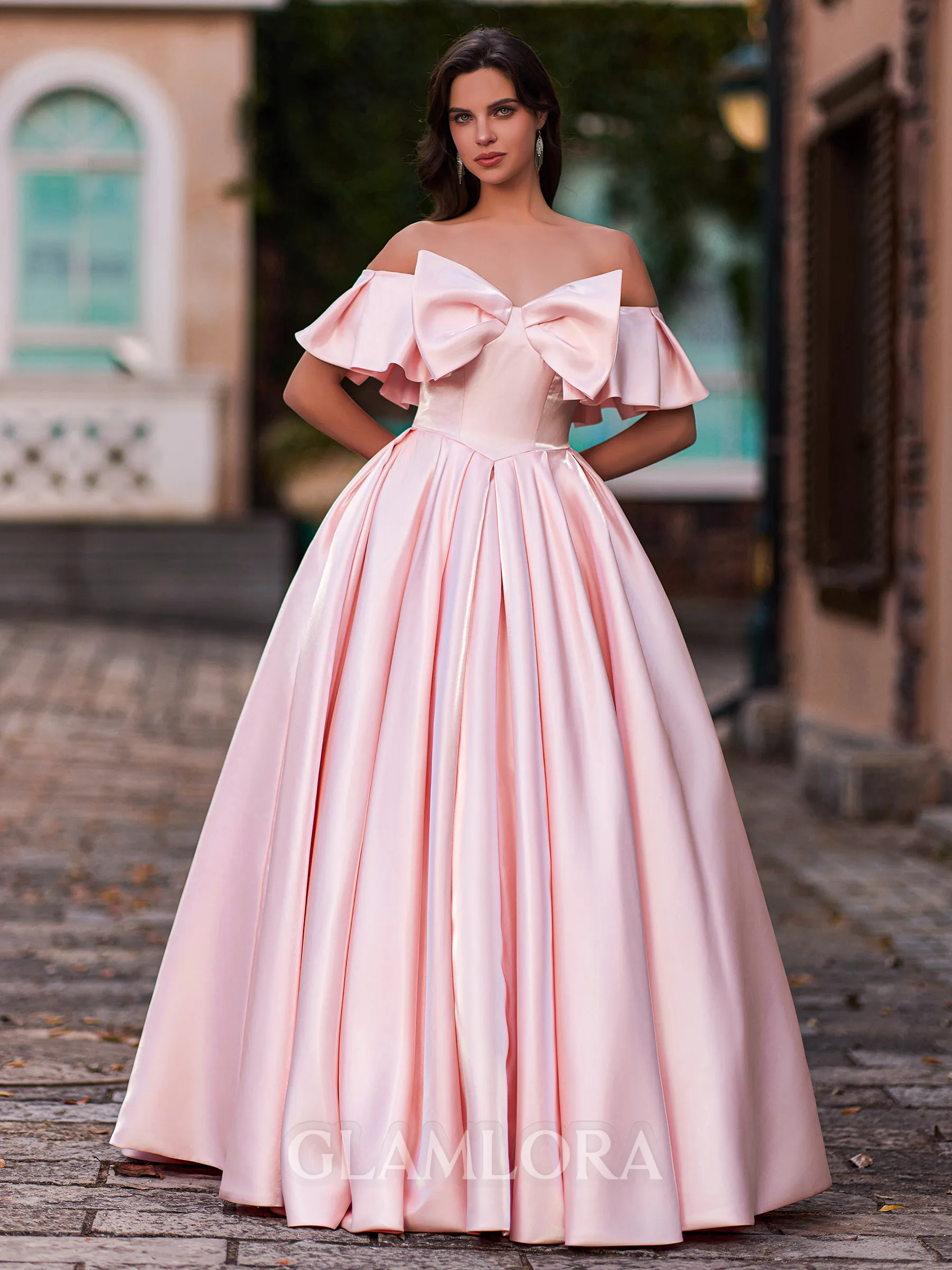 Stunning Ball-Gown Off-the-Shoulder Bow Floor-Length Corset Prom Dress