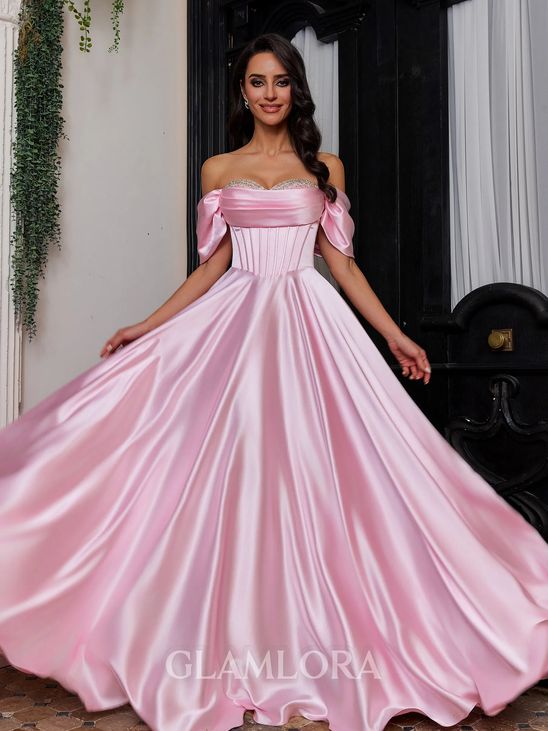 Perfect A-Line Off-the-Shoulder Pleated Floor-Length Silk Like Satin Corset Prom Dress
