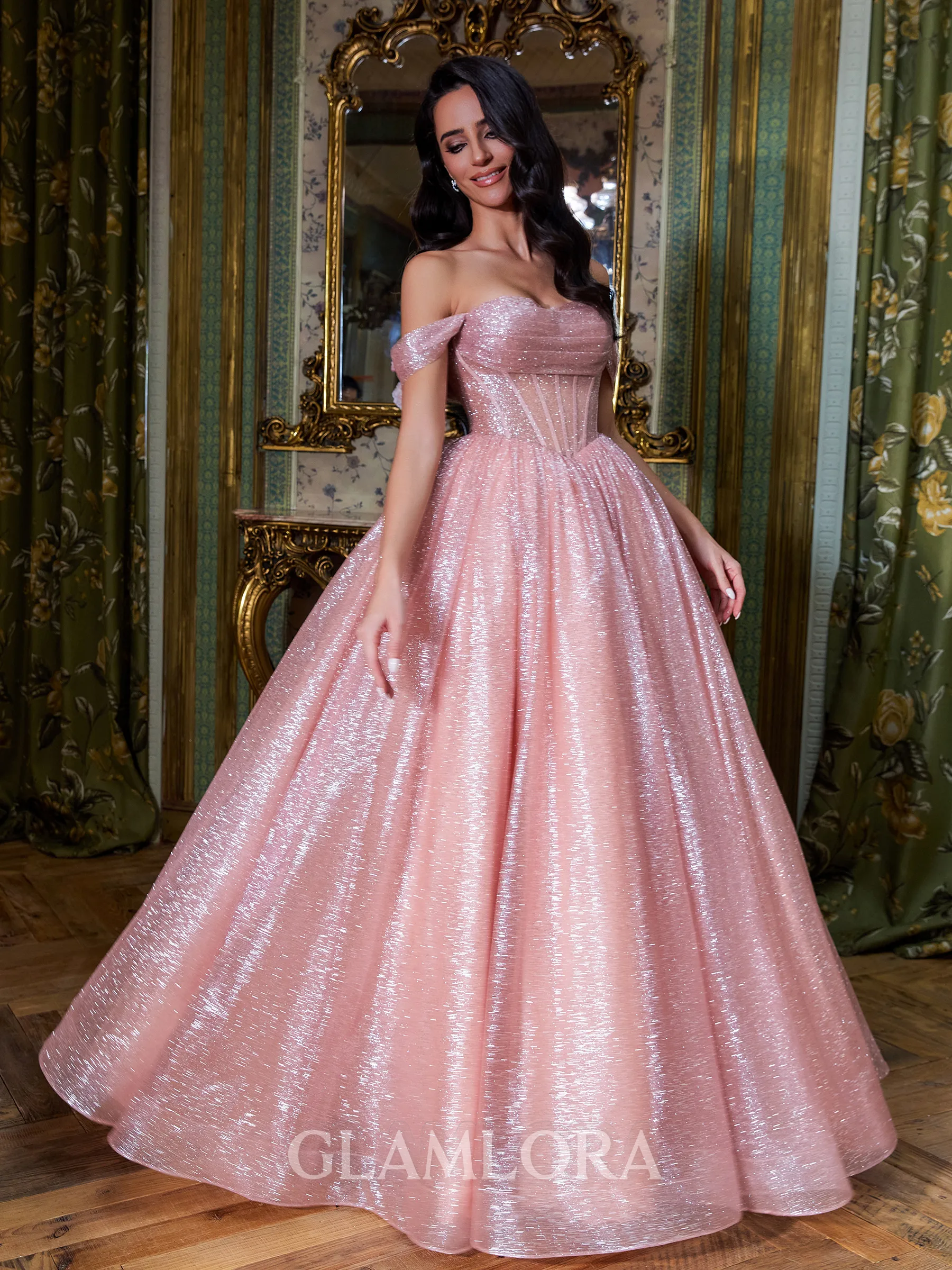 Unique A-Line Off-the-Shoulder Pleated Floor-Length Sequins Corset Prom Dress