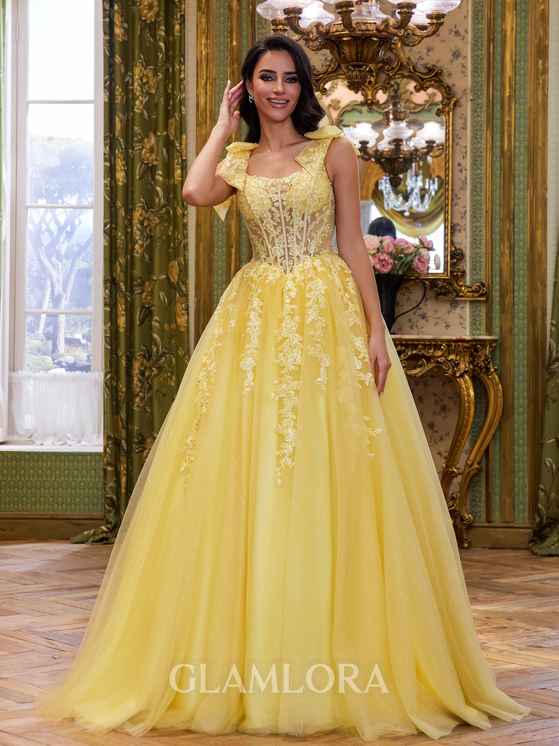 Glamorous A-Line Square Appliques Lace Sweep Train Tulle Corset Prom Dress