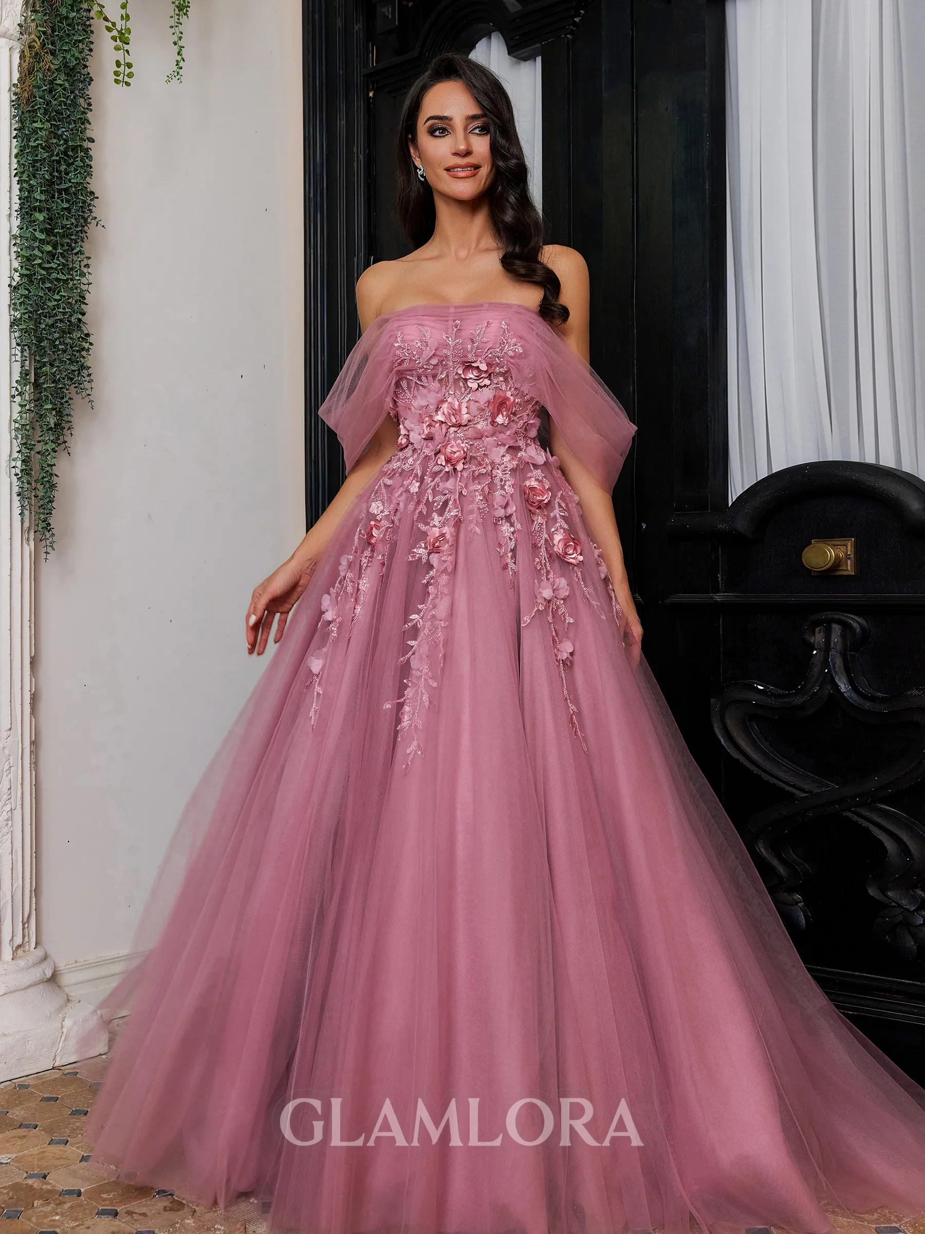 Elegant A-Line Off-the-Shoulder Appliques Lace Sweep Train Tulle Corset Prom Dress