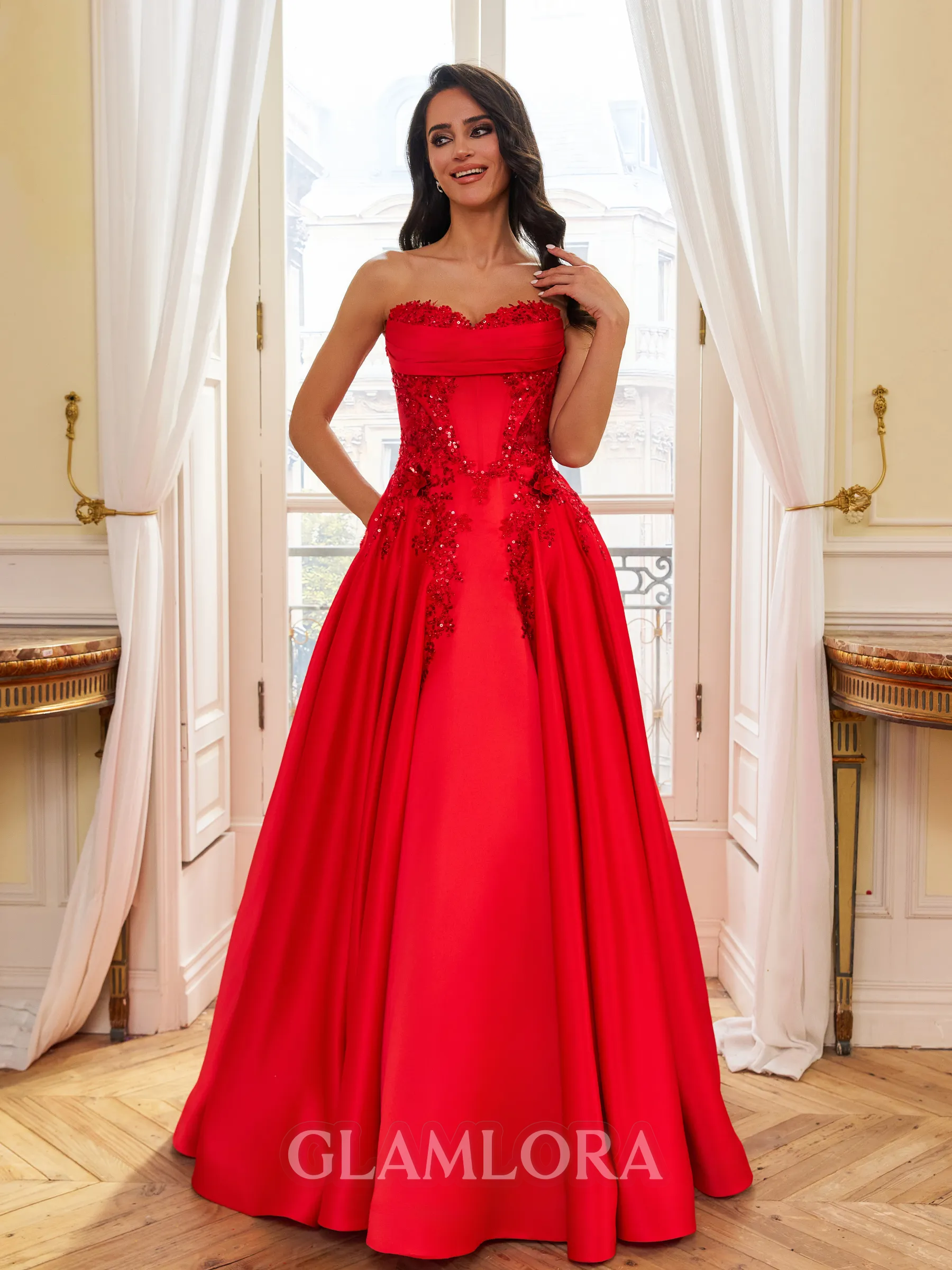 Stunning A-Line Sweetheart Appliques Lace Floor-Length Satin Corset Prom Dress