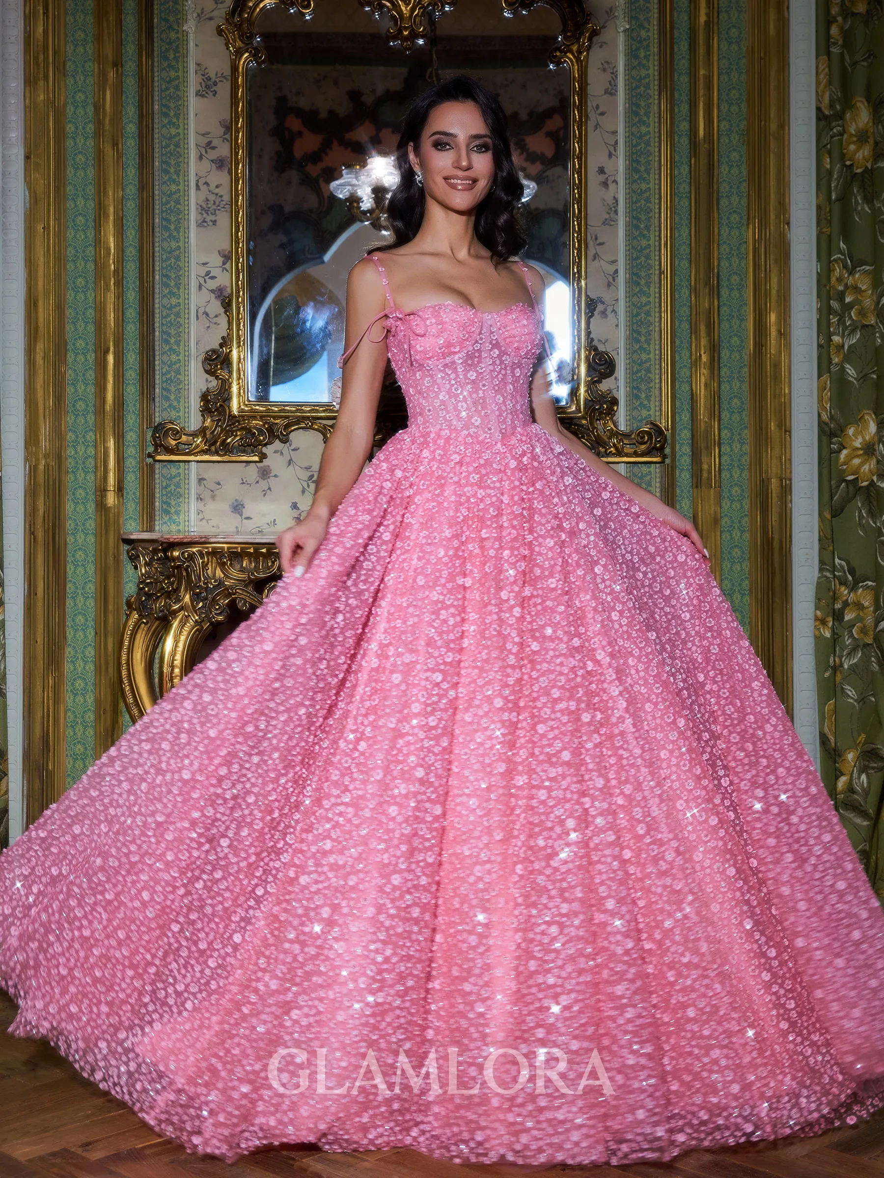 Graceful A-Line Spaghetti Straps Flower Sweep Train Lace Corset Prom Dress