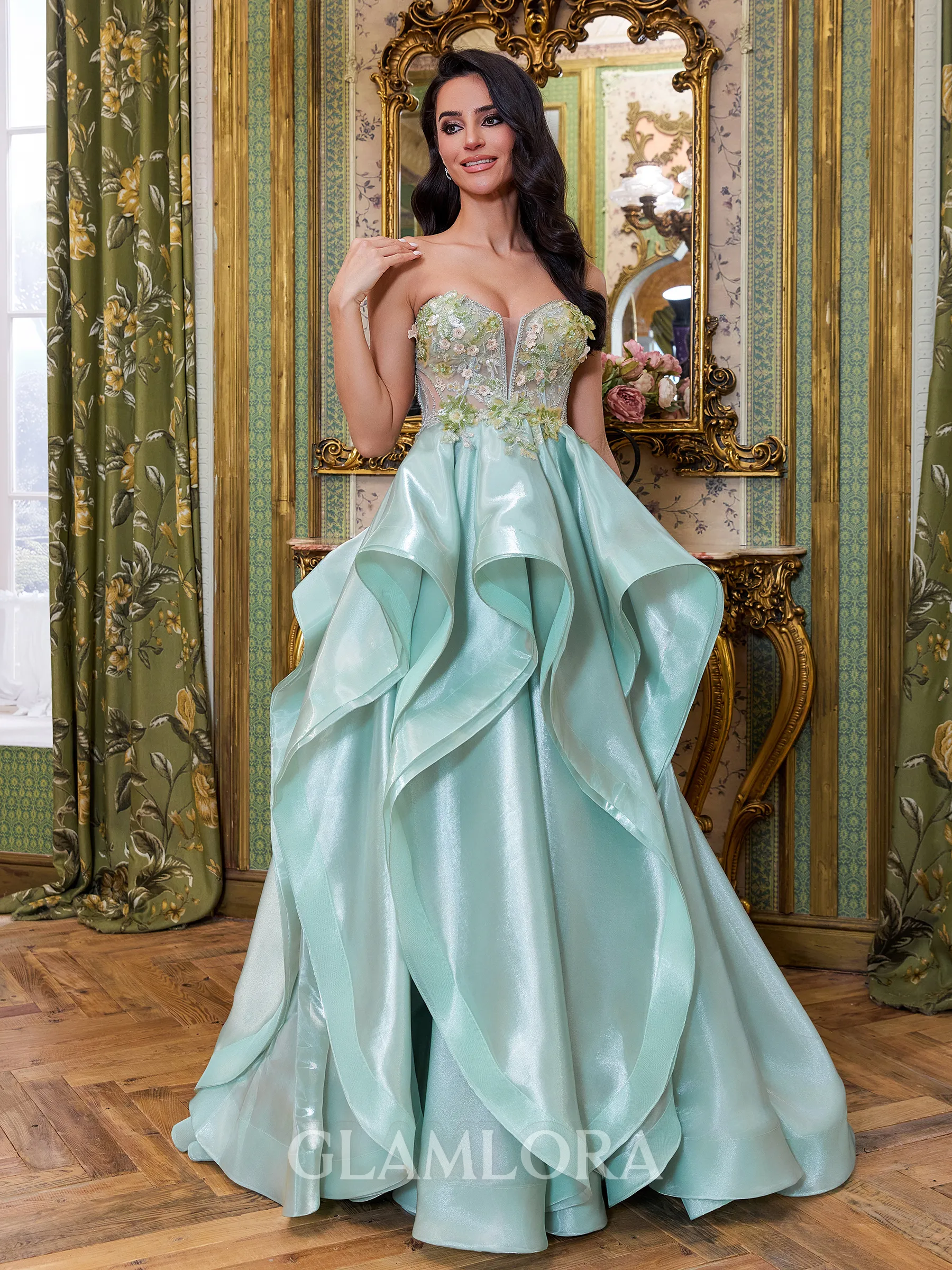 Luxurious A-Line Sweetheart Appliques Lace Sweep Train Corset Prom Dress