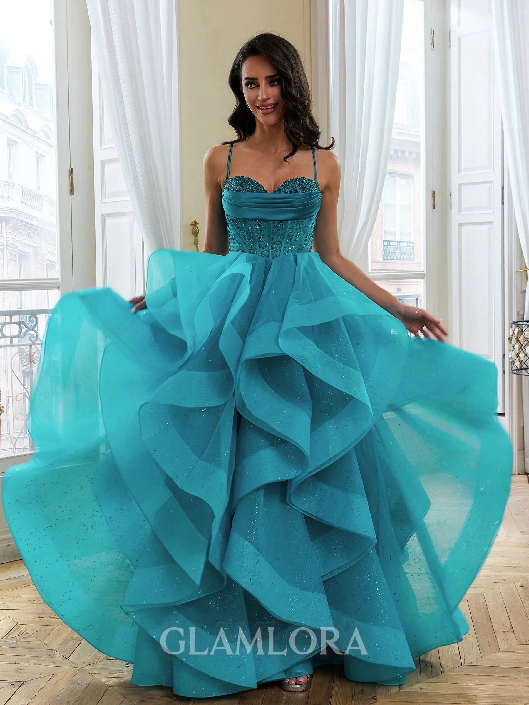 Magnificent A-Line Straps Beading Floor-Length Tulle Corset Prom Dress