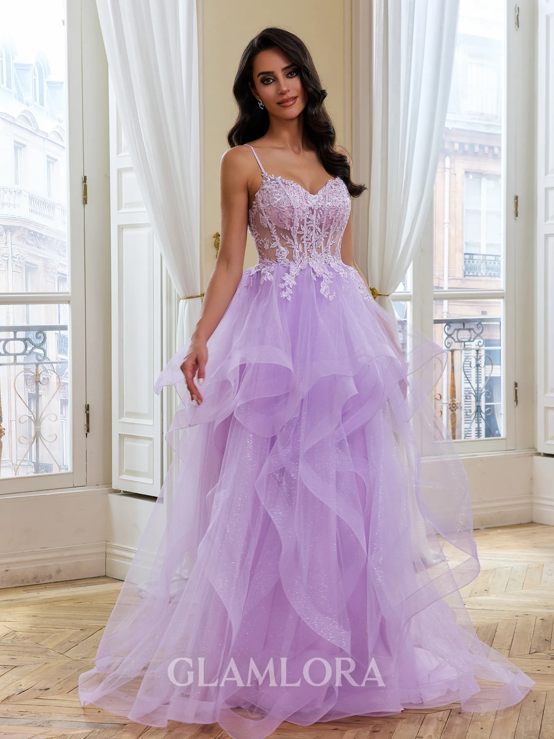 Splendiferous A-Line V-Neck Appliques Lace Sweep Train Tulle Corset Prom Dress