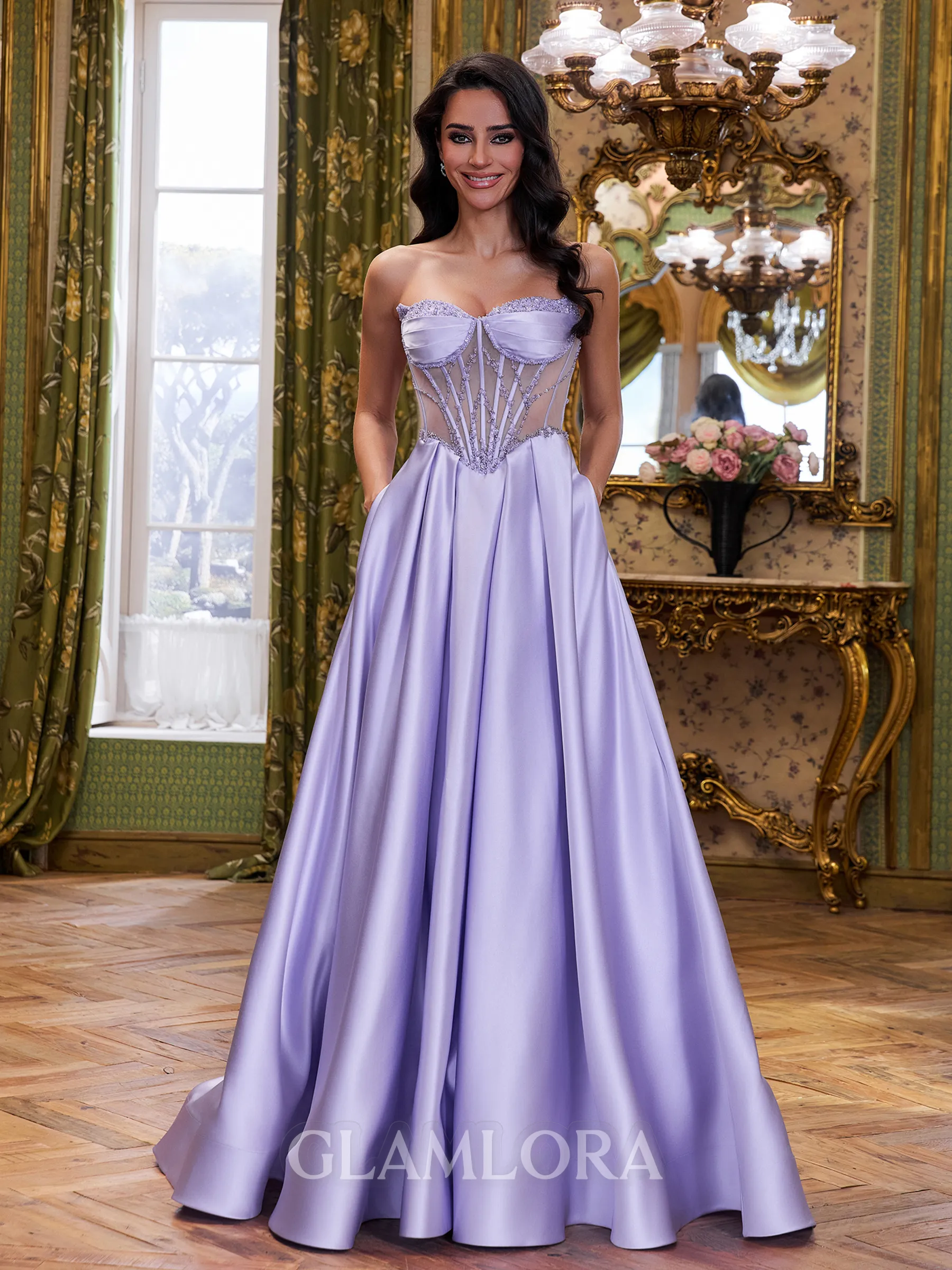 Stunning A-Line Straight Pleated Floor-Length Satin Corset Prom Dress