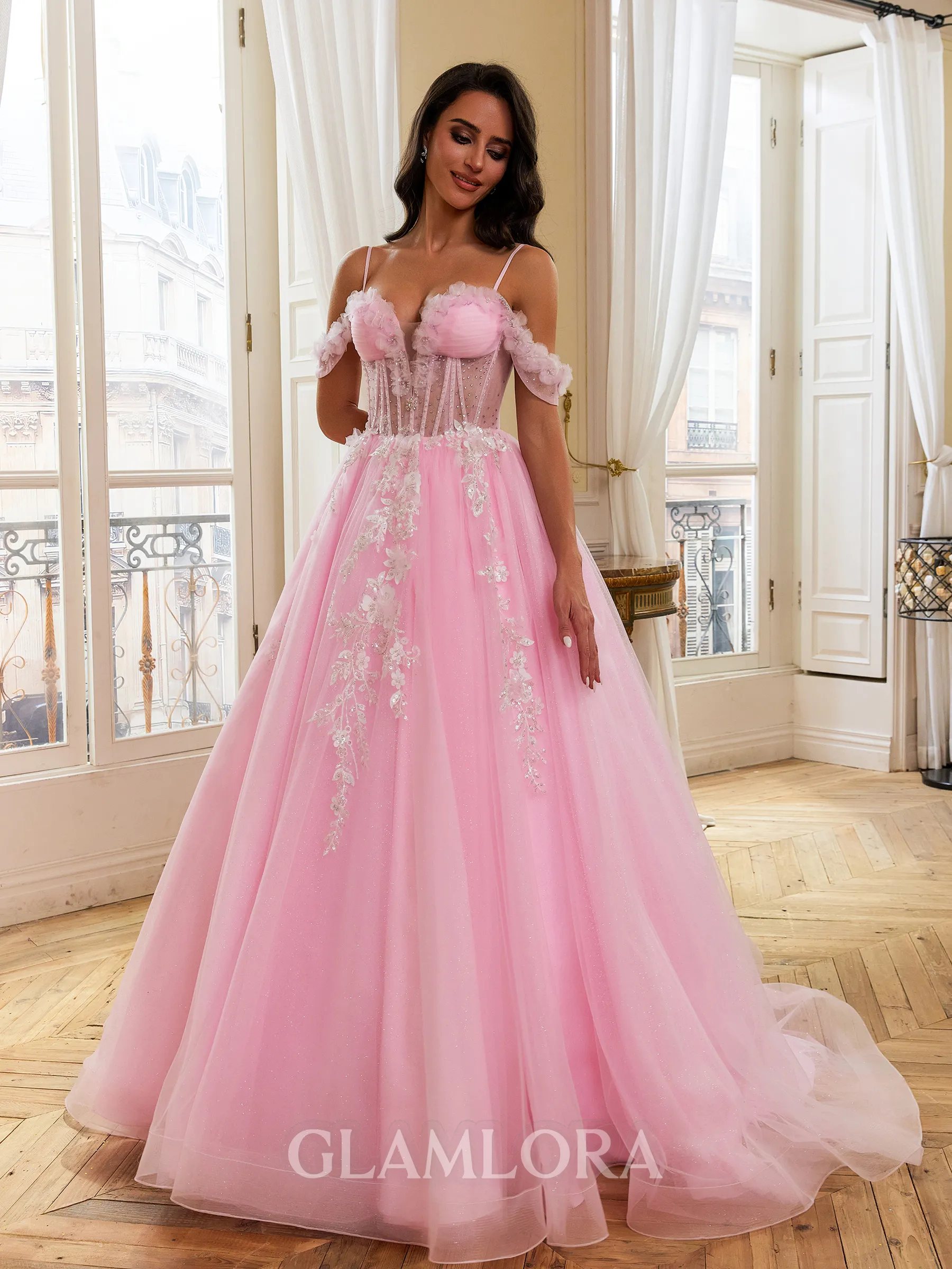 Hermosos Ball-Gown Cold Shoulder Appliques Lace Sweep Train Tulle Corset Prom Dress