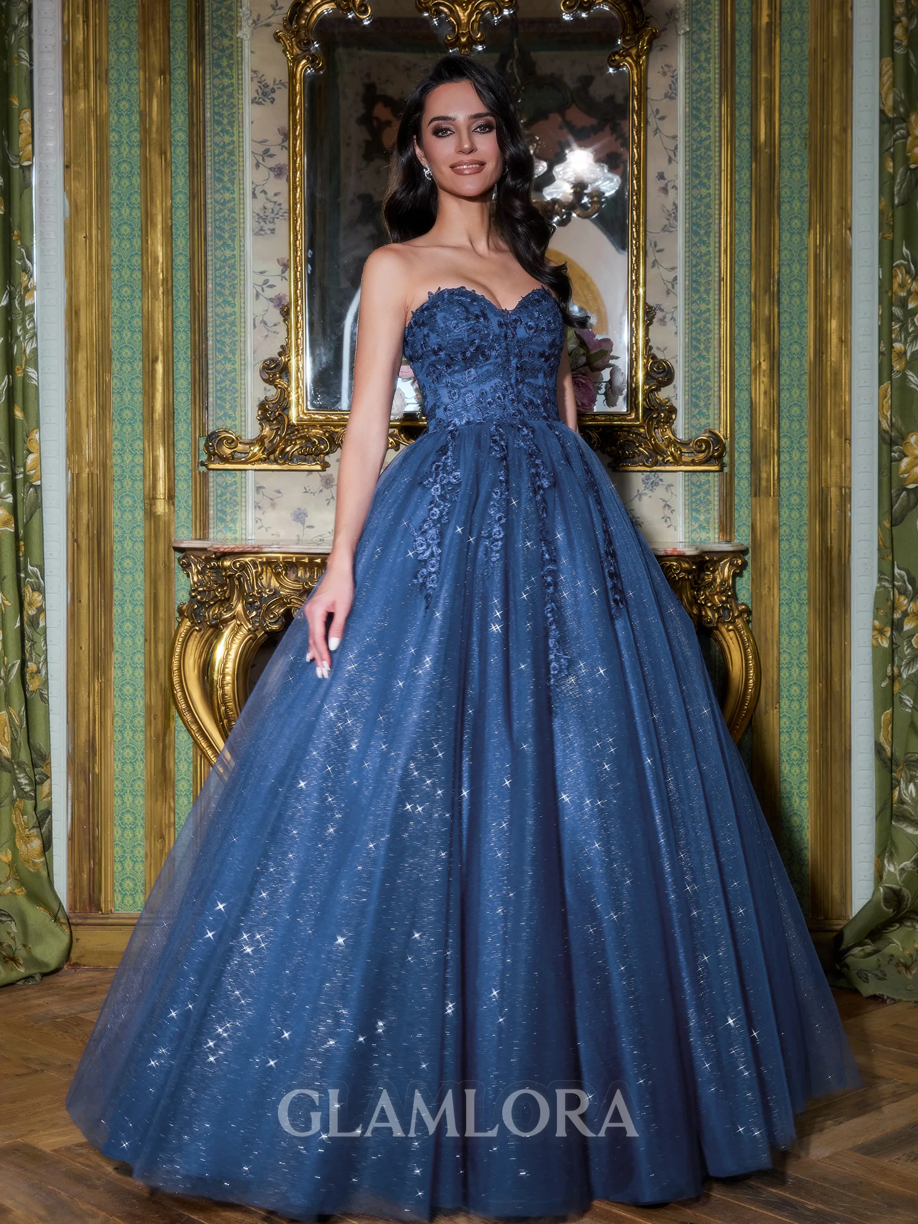 Fashion Ball-Gown Sweetheart Appliques Lace Floor-Length Tulle Corset Prom Dress