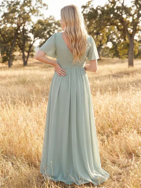 Glam A-Line V-Neck Pleated...