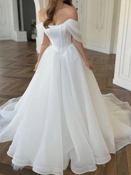Charming A-Line Off-the-Shoulder Pleated Court Train Tulle Corset Wedding Dress