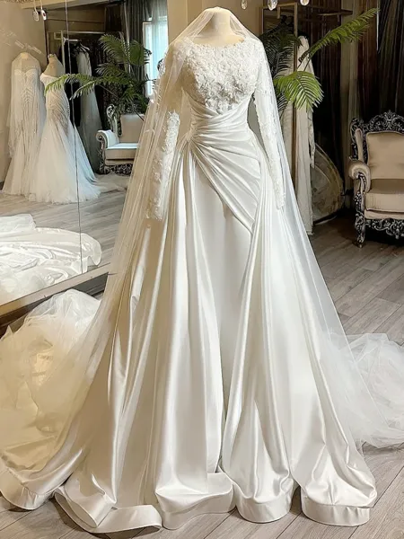 Splendid A-Line Scoop Long Sleeves Pleated Cathedral Train Silk Like Satin Corset Wedding Dress