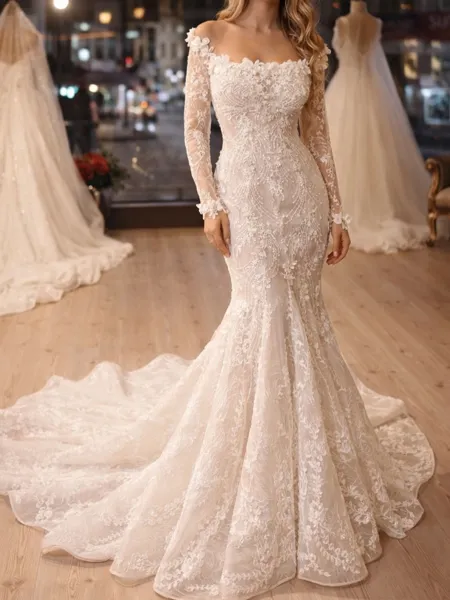 Graceful Mermaid Off-the-Shoulder Long Sleeves Appliques Lace Court Train Lace Corset Wedding Dress