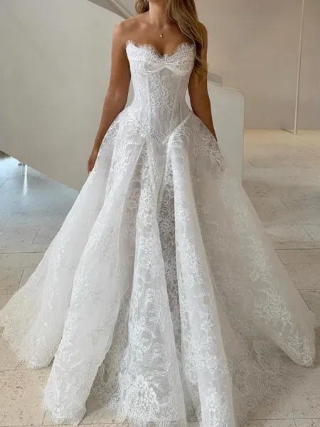 Perfect A-Line Straight Appliques Lace Chapel Train Lace Corset Wedding Dress