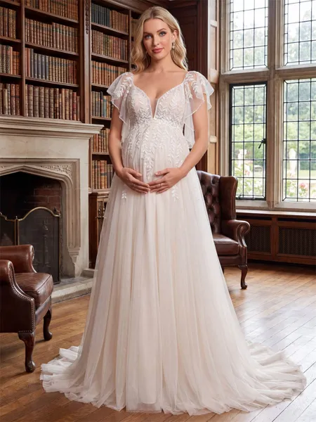 Elegant A-Line V-Neck...