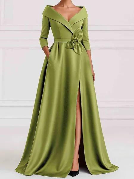 Glamorous A-Line V-Neck 3/4 Sleeves Flower Floor-Length Satin Corset Mother of the Bride Dress