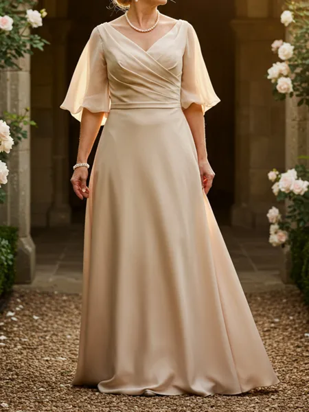 Modest A-Line V-Neck 1/2...
