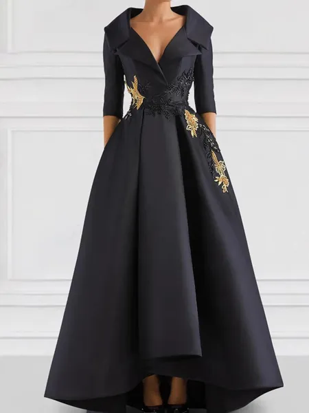Elegant A-Line V-Neck 1/2 Sleeves Appliques Lace Asymmetrical Satin Corset Mother of the Bride Dress
