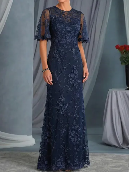 Charming Sheath Scoop Short Sleeves Appliques Lace Floor-Length Lace Corset Mother of the Bride Dress